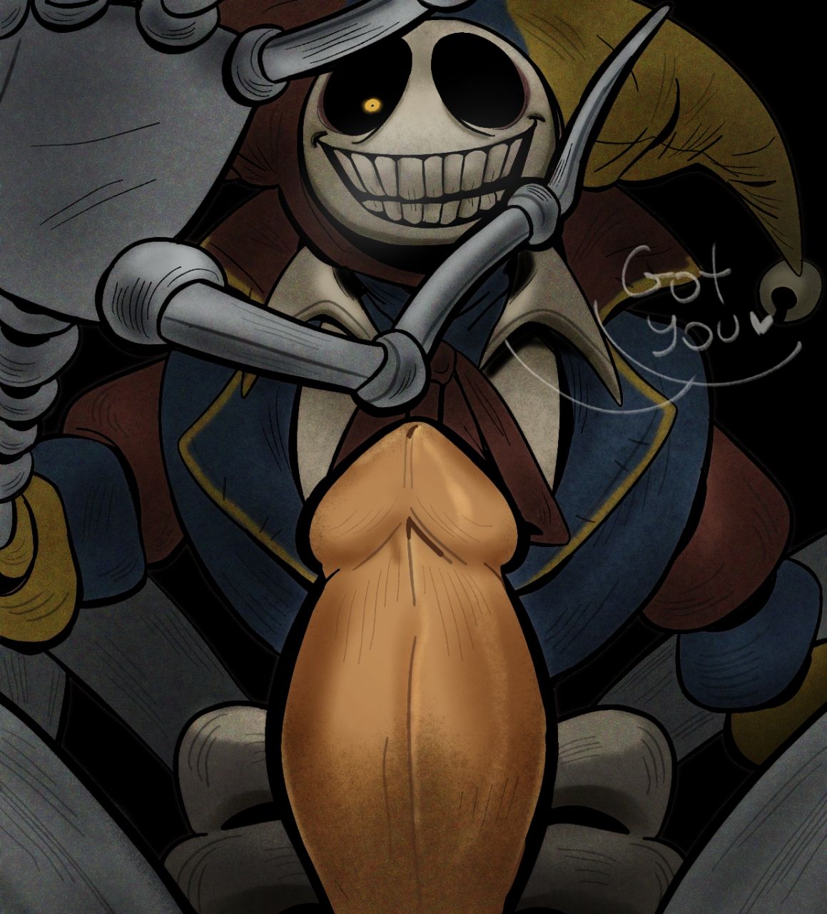 1boy, big cock, big penis, dialogue, dick, eye contact, heart, jester, jester costume, knot, knotted penis, looking at viewer, looking pleasured, male only, masculine, mob entertainment, monster, monster boy, orange cock, orange dick, orange penis, poppy playtime, pov, robot, robot boy, smiling at viewer, text, the prototype (poppy playtime)