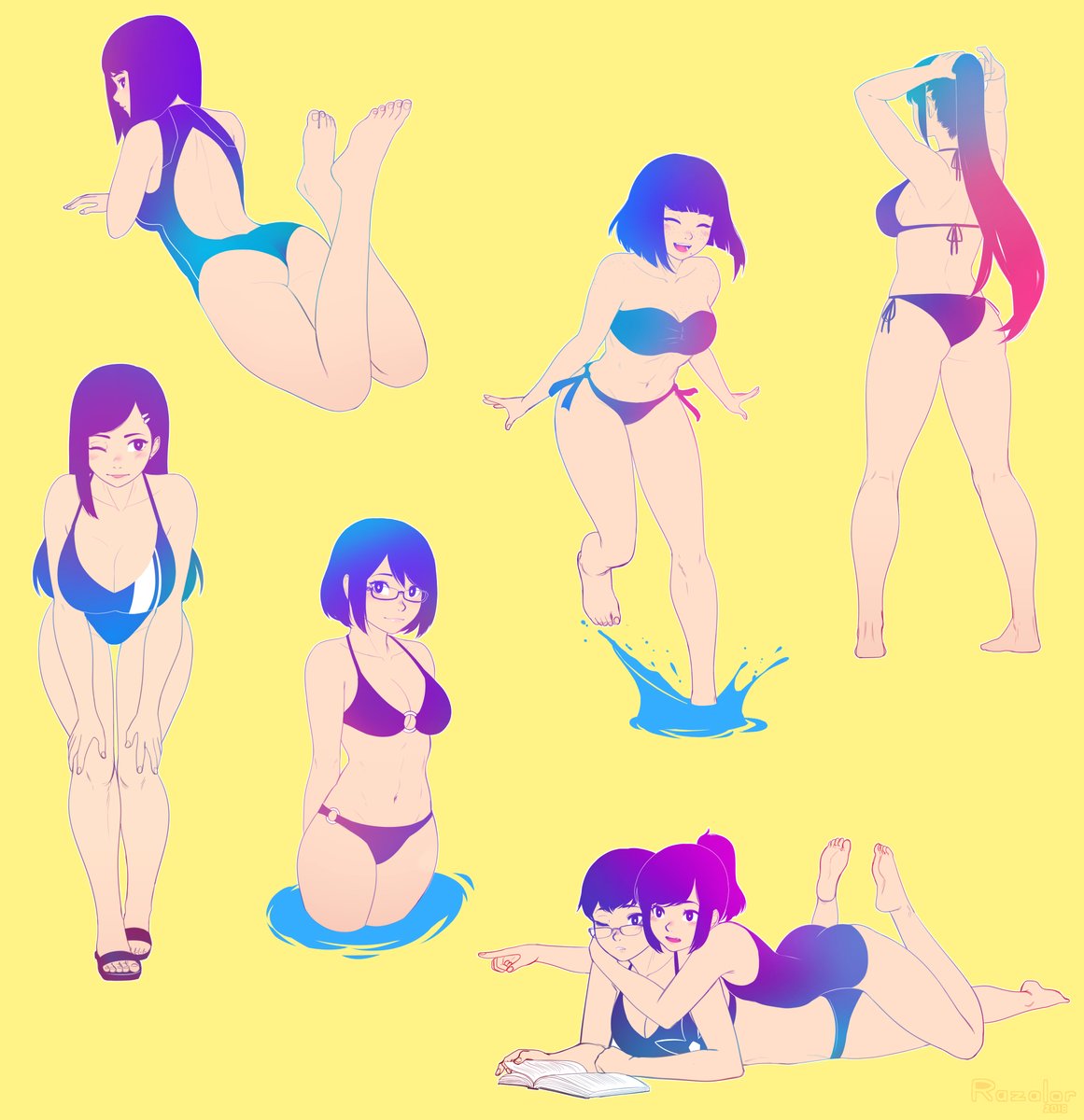 6+girls, 7girls, bikini, bikini top, feet, female, glasses, happy, hugging, hugging from behind, male, multicolored hair, multiple boys, multiple females, multiple girls, multiple males, ponytail, razalor, reading, swimsuit, water, wink