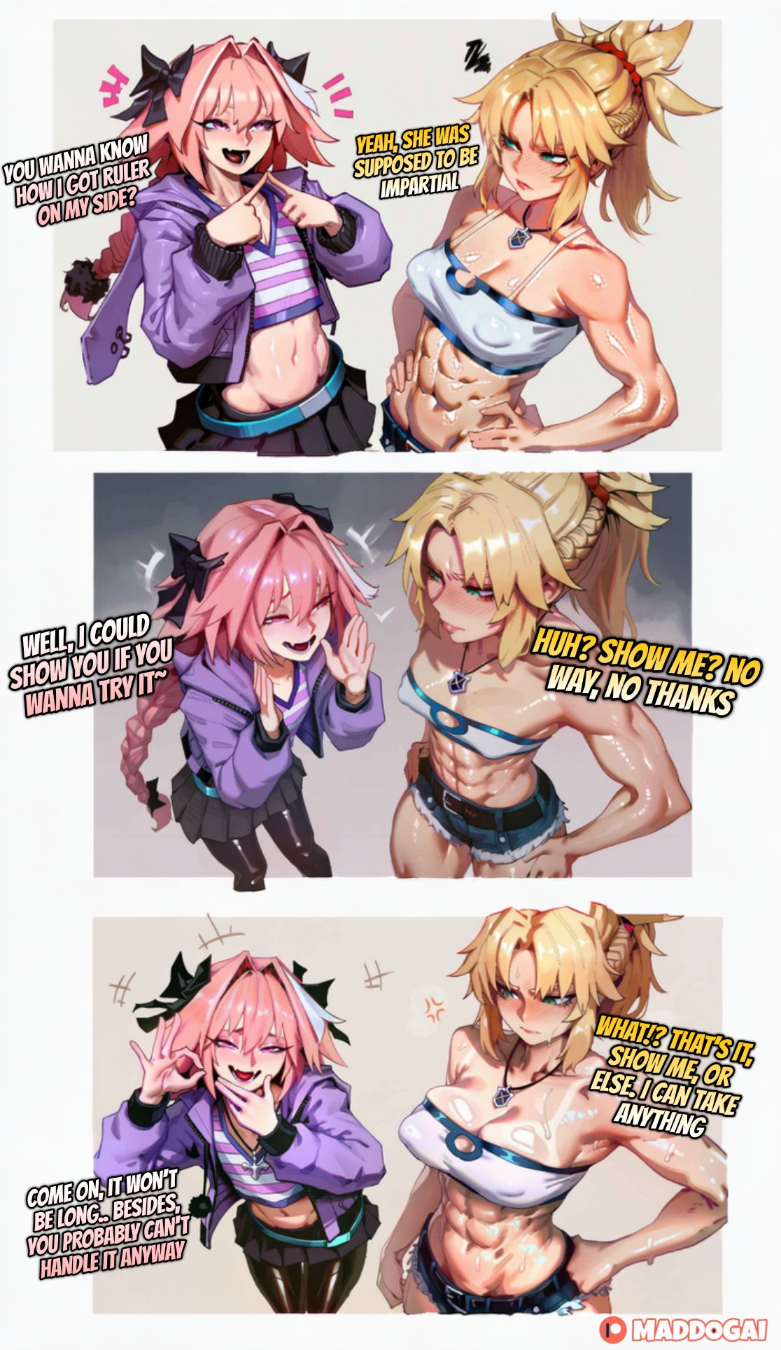 1boy, 1girls, ai generated, astolfo (fate), blonde female, blonde hair, clothed, clothing, dialogue, english, english text, fate (series), fate/apocrypha, fate/grand order, female, femboy, hair, maddogai, mordred (fate/apocrypha), muscles, muscular, muscular female, pink hair, ponytail, shiny skin, sweat, sweatdrop, sweating, sweaty, sweaty body, tagme, text, watermark, wet, wet body