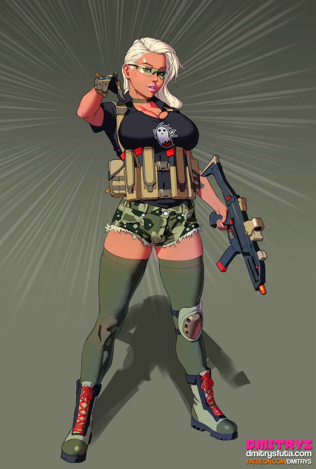 1girls breasts choker cleavage dmitrys elodie_(dmitrys) female female_only gun huge_breasts large_breasts looking_at_viewer perky_breasts pose rifle short_shorts skimpy_clothes solo