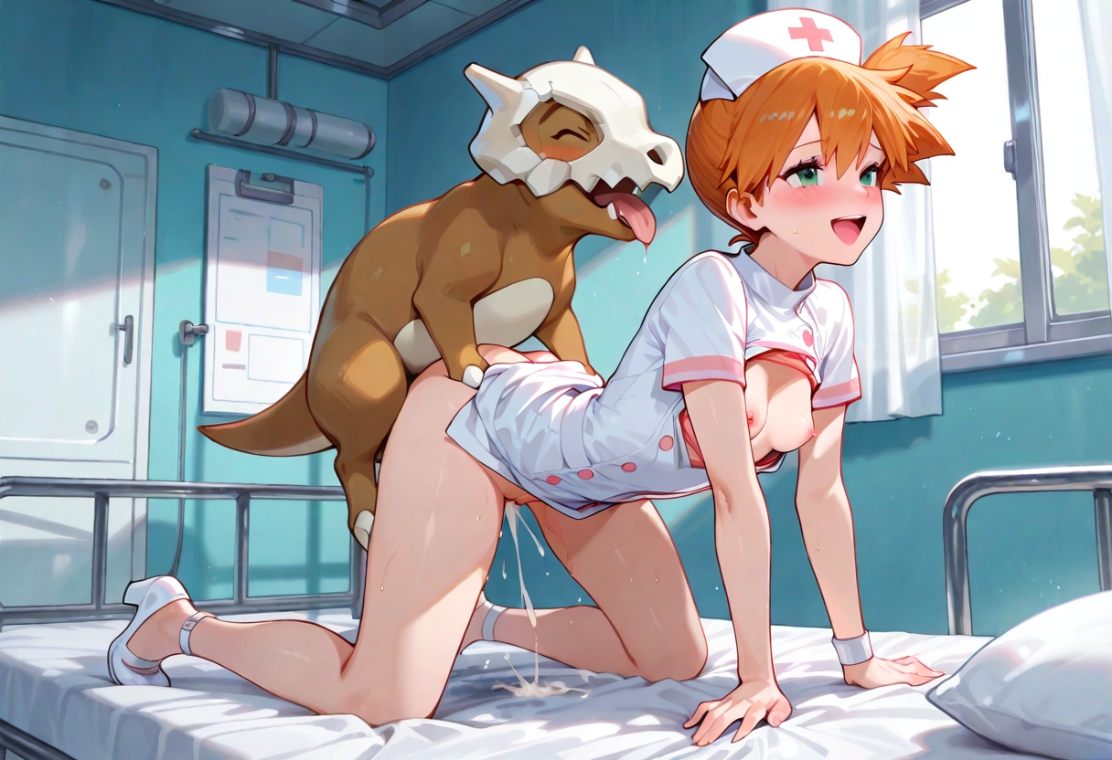 1boy, 1girls, ai, ai art, ai assisted, ai generated, ai-created, all fours, blush, breasts, breasts out, cubone, cum, cum drip, doggy, doggy style, doggy style position, doggystyle position, female, from behind, game freak, greymaker, hospital, hospital bed, hospital room, human, interspecies, kasumi (pokemon), male, male pokemon/female human, mouth open, nintendo, nurse, nurse uniform, orange hair, pokemon, pokemon (anime), pokemon (classic anime), pokemon (creature), pokemon (species), pokephilia, short hair, side ponytail, small breasts, tongue out
