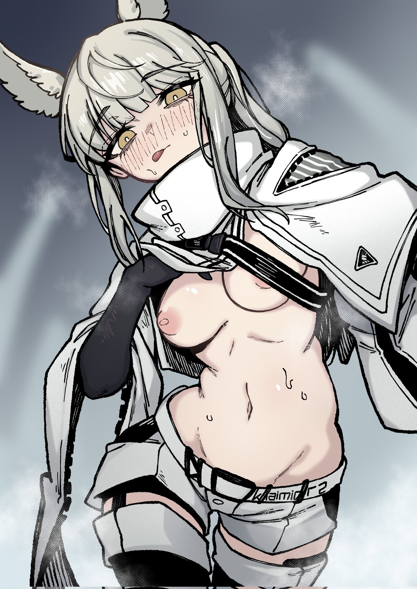 animal ears, arknights, female, female only, lifting shirt, no bra, platinum (arknights)