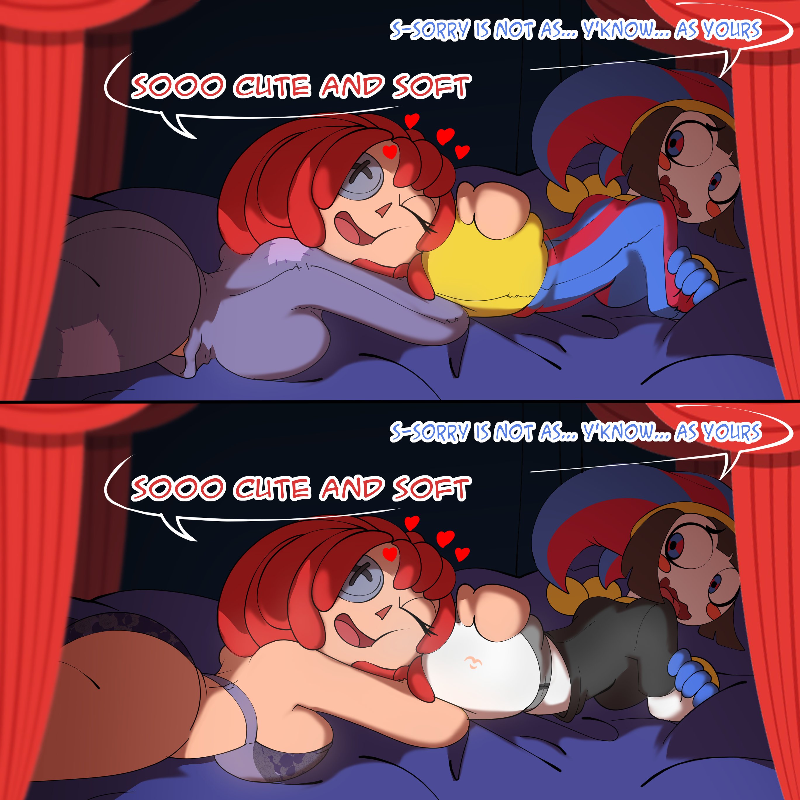 2026, 2girls, big ass, brown hair, brown-haired female, button eye, commission, cute, dialogue, doll girl, female, female only, glitch productions, gooseworx, head on ass, hearts around head, jester, jester girl, jester hat, kiss mark on ass, lesbian couple, lying on bed, pomni, pomni (tadc), pomni (the amazing digital circus), rag doll, ragatha, ragatha (tadc), ragatha (the amazing digital circus), red hair, red-haired female, tagme, the amazing digital circus, tobitobi90, yuri