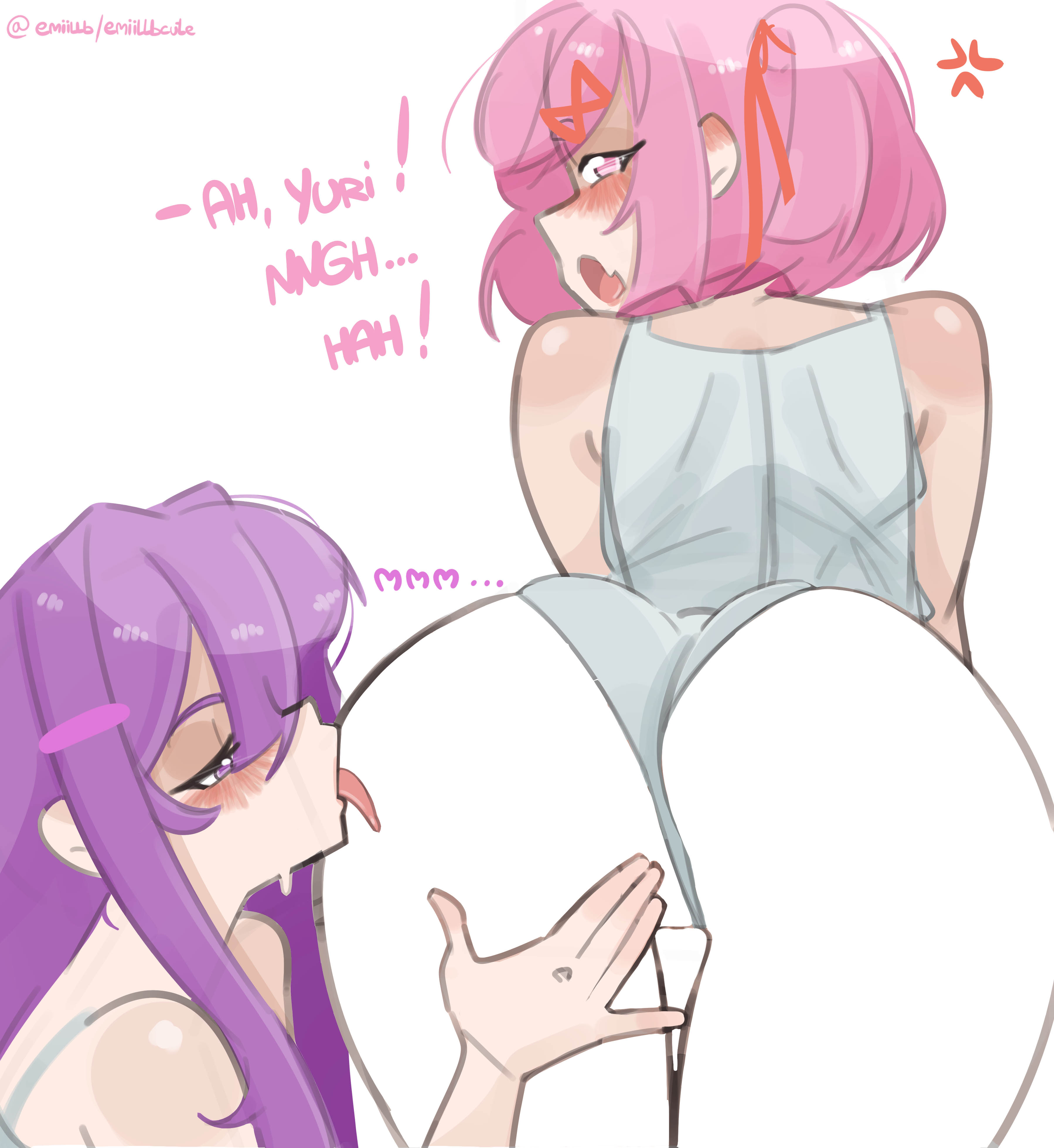 2female, 2females, 2girls, 2women, anger, anger symbol, ass, ass focus, ass up, blush, blush lines, bob cut, censored, ddlc, doki doki literature club, emiillb, female, female only, hair clip, hair clips, hair ornament, hair ribbon, hair ribbons, high quality, high resolution, highres, holding ass, horny, lesbian couple, licking, licking ass, licking butt, long hair, looking at another, looking at partner, looking back, loose clothes, loose clothing, natsuki (doki doki literature club), nsfw version available, open mouth, panties aside, perspective, pink eyes, pink hair, pink theme, purple hair, red cheeks, ribbon in hair, sfw, sfw version, short hair, side profile, simple background, simple coloring, simple shading, speech, sweat, sweaty, team salvato, text, tongue, tongue out, twintails, twitter link, twitter username, x hair ornament, yuri, yuri (doki doki literature club)