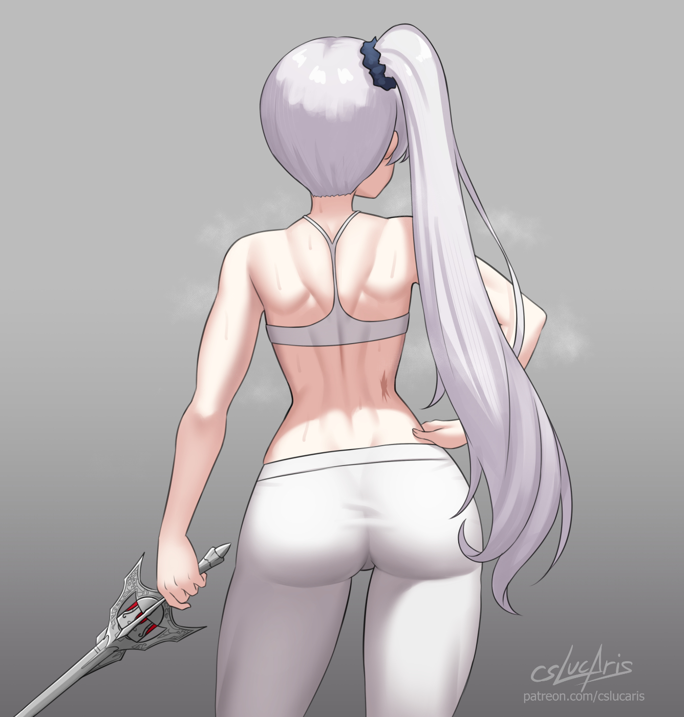back muscles, back view, crop top, cslucaris, female, grey background, hand on hip, heavy breathing, holding weapon, ponytail, rooster teeth, rwby, scar, solo, tights, visible breath, weiss schnee, white hair, white pants