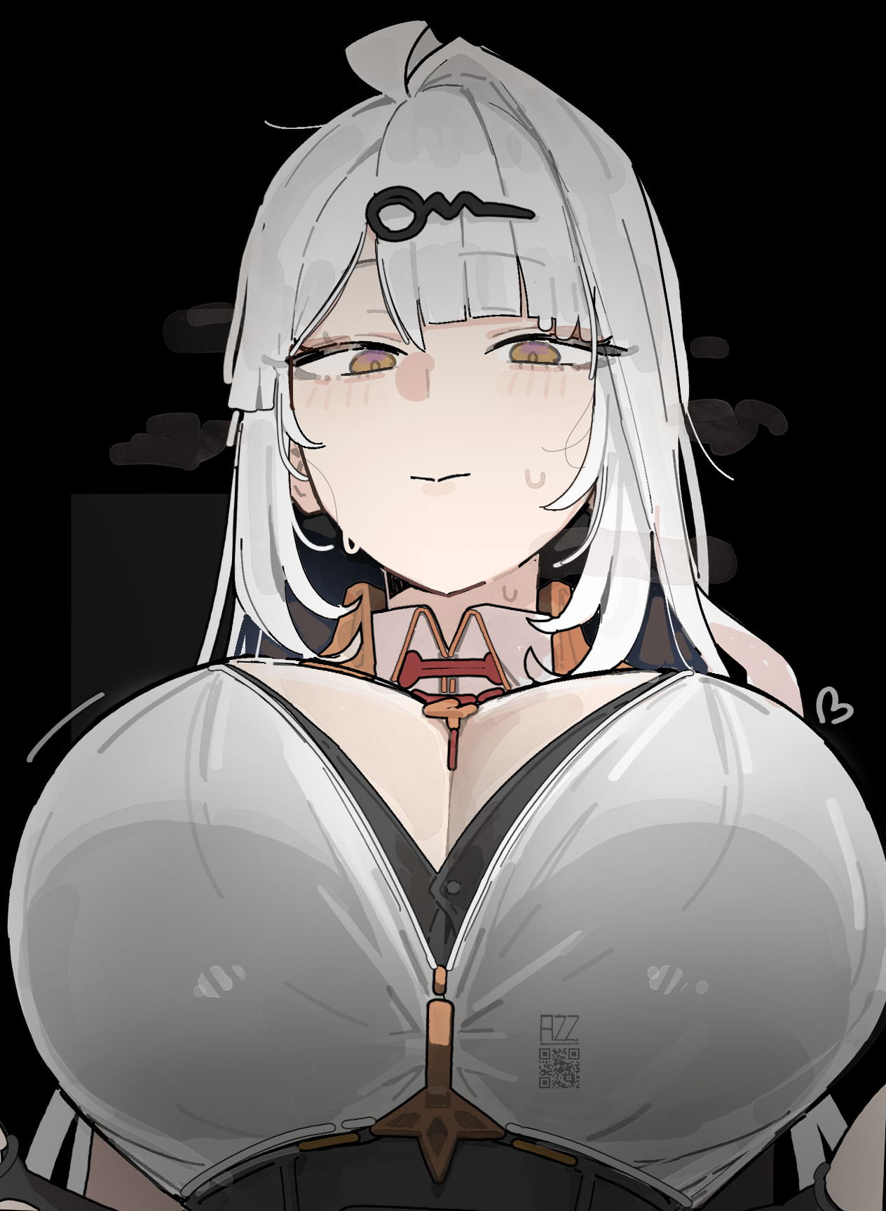 1girls, 2026, artist name, azz0422, big breasts, black background, breasts, brown eyes, clothed, clothing, color, digital media (artwork), female, female only, front view, hair, hi res, hoyoverse, huge breasts, large breasts, light skin, light-skinned female, long hair, looking at viewer, mihoyo, nervous, pointing at viewer, qr code, simple background, solo, sweat, sweatdrop, video game character, video games, white hair, yixuan (zenless zone zero), zenless zone zero