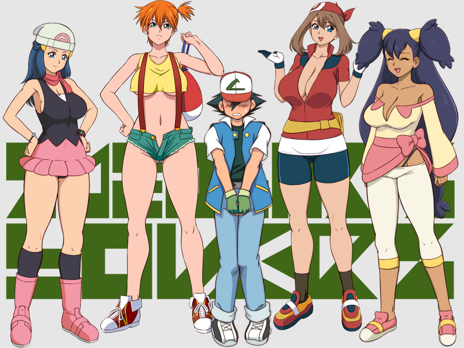1boy, 4girls, adapted costume, age difference, aged up, asymmetrical hair, bandana, bare legs, baseball cap, beanie, big breasts, bike shorts, black hair, blue eyes, blue hair, blush, boots, breasts, brown hair, cleavage, cowboy shot, creatures (company), curvy, dawn (pokemon), denim, denim shorts, female, game freak, glamour works, gloves, green eyes, green hair, gym leader, hair ornament, hat, height difference, highres, iris (pokemon), kasumi (pokemon), legs, legs together, long hair, looking at viewer, male, may (pokemon), miniskirt, multiple females, multiple girls, navel, nintendo, nipples, open mouth, orange hair, pants, pink footwear, pokemon, pokemon (anime), pokemon (classic anime), pokemon bw, pokemon bw (anime), pokemon dppt, pokemon dppt (anime), pokemon rgby, pokemon rse, pokemon rse (anime), ponytail, red hair, red scarf, revision, satoshi (pokemon), scarf, shirt, shoes, short hair, short shorts, shorts, side ponytail, simple background, size difference, skirt, sleeveless, smaller male, smile, sneakers, socks, standing, straight, suspenders, tank top, thick thighs, thighs, underboob, underwear, unzipped, wide hips, yellow shirt, yellow tank top