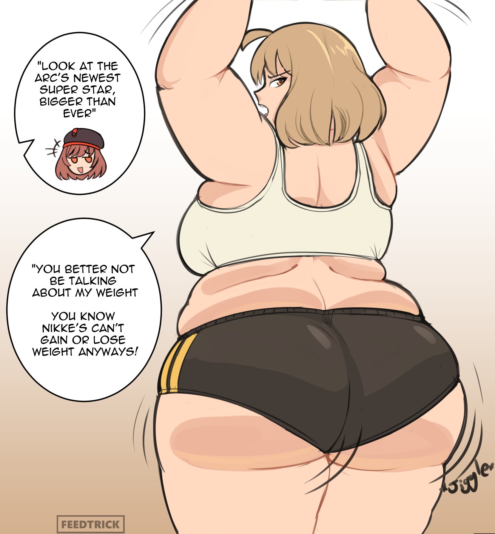 2girls, anis (nikke), ass, ass focus, bbw, big ass, fat, fat ass, fat female, fat fetish, feedtrick, goddess of victory: nikke, huge butt, jiggle, jiggling ass, offscreen character, rapi (nikke), text