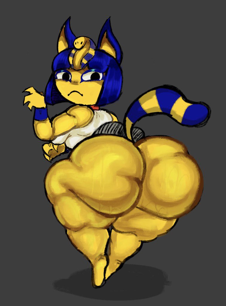 animal crossing, ankha, ankha (animal crossing), anthro, ass, ass bigger than head, big ass, big butt, cat ears, cat tail, catgirl, disumisu2, fat ass, female, female only, furry, furry female, furry only, gray background, huge ass, looking at viewer, looking back, solo female, tagme, tail, wide hips