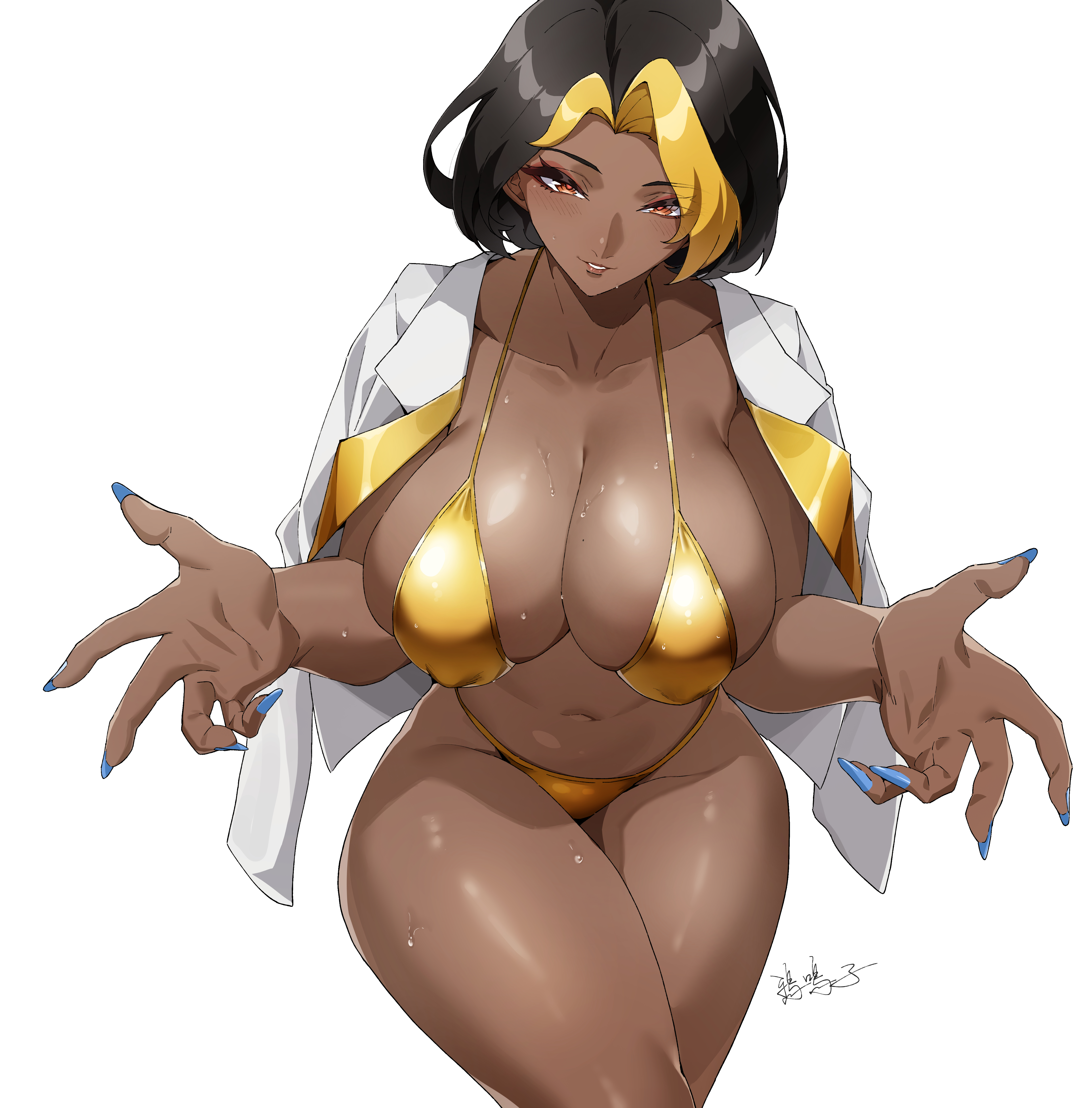 1girl, 1girls, absurdres, artist name, bikini, black hair, blonde hair, blue nails, blush, breasts, brown eyes, chinese commentary, cleavage, collarbone, commentary request, covered nipples, cowboy shot, curtained hair, dark skin, dark-skinned female, domina, fingernails, gold bikini, hands up, highres, jacket, jacket on shoulders, large breasts, long fingernails, looking at viewer, morinosuke, multicolored hair, nail polish, navel, overwatch, parted bangs, parted lips, reaching, reaching towards viewer, red pupils, short hair, simple background, solo, standing, stomach, string bikini, swimsuit, two-tone hair, wet, white background, white jacket