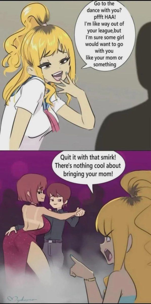 2d, artist request, belt, big breasts, blonde hair, bracelet, brown hair, comic strip, dancing, dress, fully clothed, funny, hand on ass, holding hand, human female, humor, implied incest, implied sex, large breasts, light-skinned female, mature female, meme, milf, mom and son, mother and son, painted nails, pointing, ponytail, rejection, short hair, sideboob, smug, smug face, son and mother, speech bubble, tan skin, tanline, text