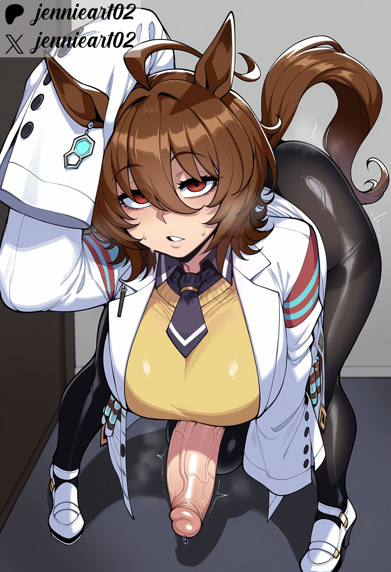 1futa, 1futanari, agnes tachyon (umamusume), ahoge, ai generated, animal ears, bent over, black necktie, black pantyhose, black shirt, breasts, brown hair, clothing, collared shirt, earrings, erection, futa only, futanari, hair between eyes, horse ears, horse girl, horse tail, huge cock, huge testicles, jennieart02, lab coat, labcoat, large breasts, light-skinned futa, long sleeves, looking at viewer, necktie, pantyhose, parted lips, patreon, patreon logo, patreon username, pen, penis, precum, red eyes, shirt, shoes, short hair, short necktie, single earring, sleeves past fingers, sleeves past wrists, solo, standing, sweat, sweater vest, tail, test tube, testicles, twitter, twitter username, umamusume, umamusume pretty derby, uncensored, veins, veiny penis, watermark, white footwear