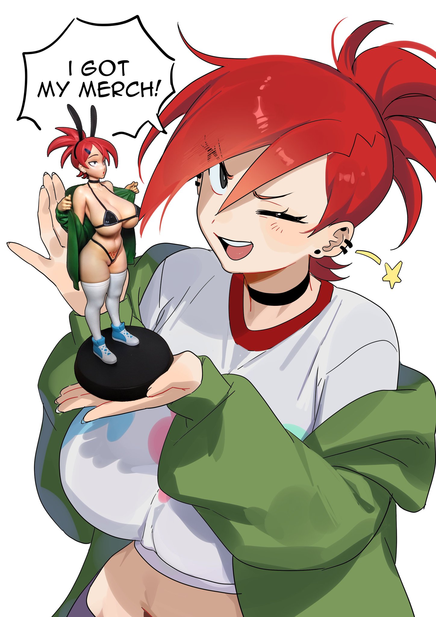 ;d, :d, 2026, 2d (artwork), action figure, alternate breast size (larger), black choker, breasts, choker, commentary, crop top, cropped shirt, ear piercing, english commentary, english text, female, foster's home for imaginary friends, frankie foster, green jacket, highres, jacket, large breasts, midriff, navel, nia (nia4294), one eye closed, open mouth, piercing, ponytail, pubic tattoo, red hair, shirt, smile, solo, speech bubble, tattoo, white shirt
