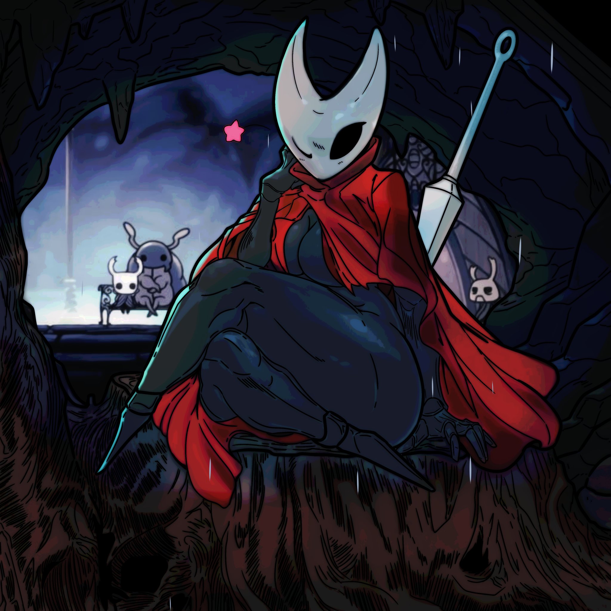 1girls, arthropod, ass, big ass, black body, breasts, bretta (hollow knight), bug girl, child bearing hips, chitin, cloak only, exoskeleton, female focus, hips, hips wider than shoulders, hollow knight, hornet (hollow knight), humanoid, legs crossed, looking at viewer, master dcj, mdcj77, sexy pose, sitting, the knight (hollow knight), thick thighs, wide hips, wink, winking at viewer, zote