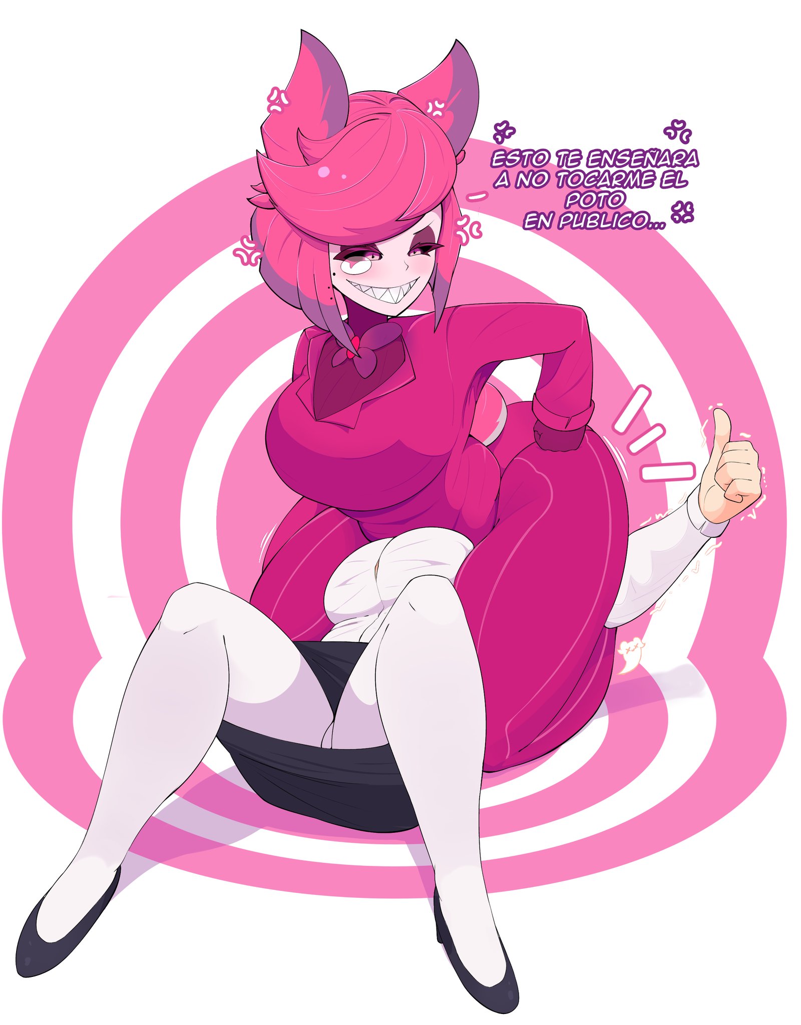 2girls, alastor (hazbin hotel), alastoria (hazbin hotel), alexnotoficial, apps (character), ass, big ass, big butt, face in ass, faceless character, facesitting, female, female alastor, hazbin hotel, highres, nun, only female, original character, pantyhose, pink hair, rule 63, spanish text, text, thumbs up, yuri