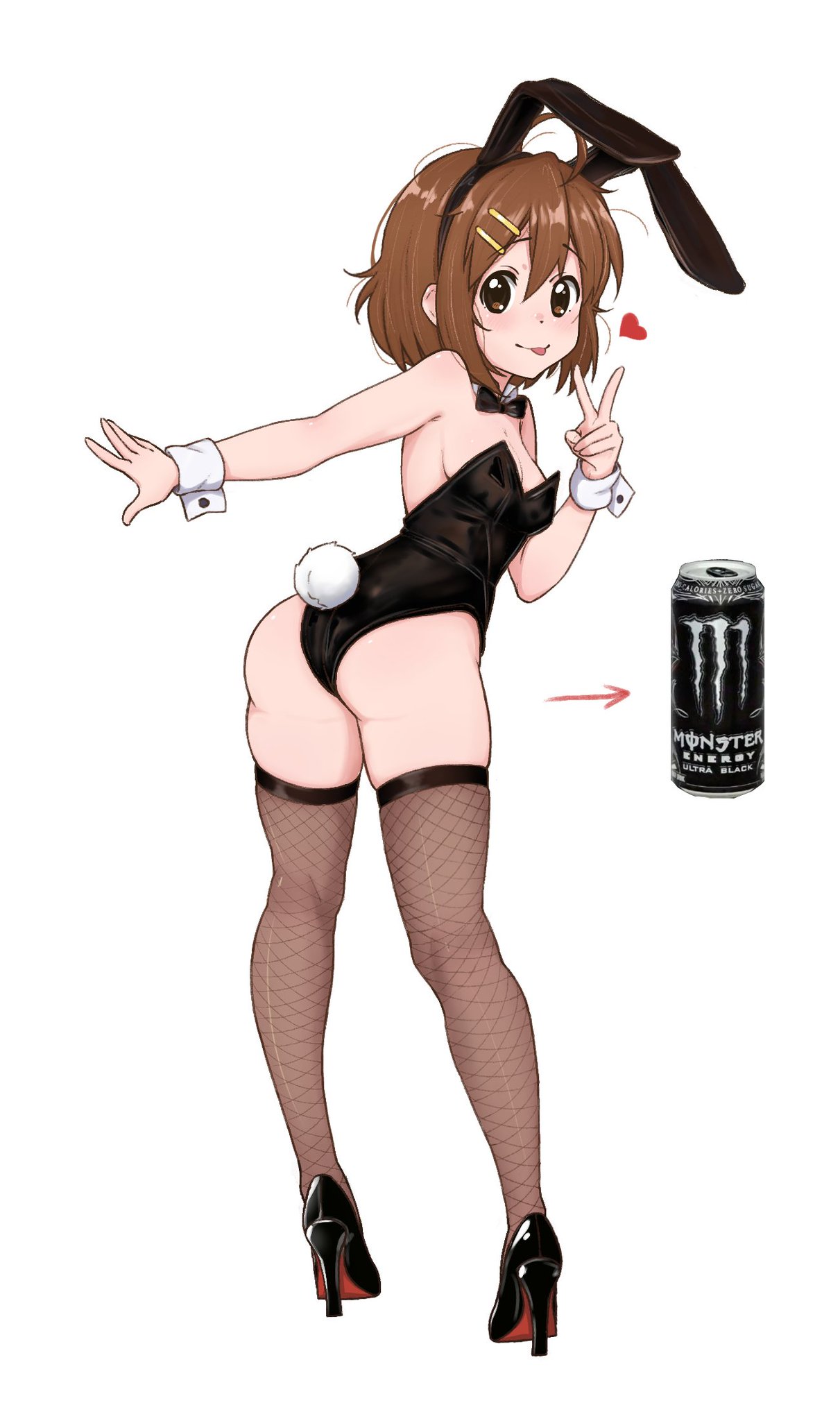 2026, andrey pavlow, ass, black bow, black bunnysuit, black heels, brown eyes, brown hair, bunnysuit, cotton tail, cuffs (clothing), female, female only, fishnets, hair clips, hair ornament, k-on!, looking at viewer, medium breasts, monster energy, pale-skinned female, peace sign, simple background, sticking out tongue, thick thighs, thighs, yui hirasawa (k-on!)