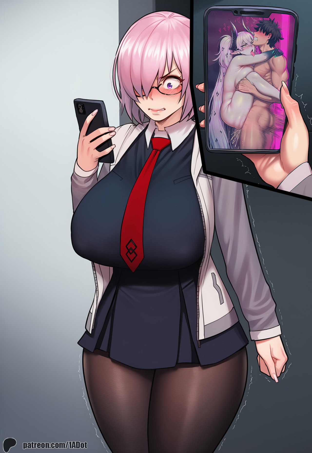 1-a dot, ai generated, angry, black dress, blush, chaldea (fate), cheating boyfriend, cuckquean, cum inside, fate (series), fate/grand order, fujimaru ritsuka (male), gradient skin, green eyes, horns, huge breasts, lifting, lilith (fate), looking at phone, mash kyrielight, multiple views, necktie, ntr, nude, pantyhose, pink hair, pointy ears, pov, purple eyes, reverse netorare, sex, short dress, toned male, trembling, white hair, white jacket