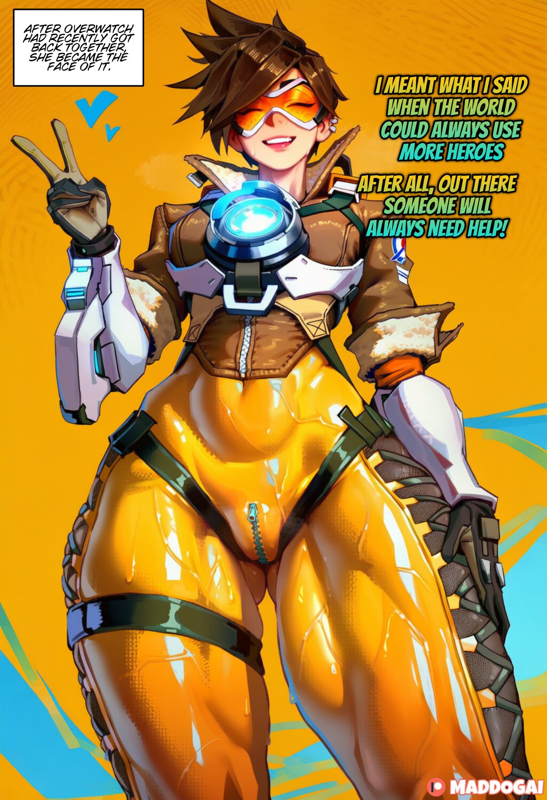 1girls, ai generated, brown hair, closed eyes, clothed, clothing, dialogue, english, english text, hair, maddogai, muscles, muscular, muscular female, overwatch, overwatch 2, shiny skin, short hair, sweat, sweatdrop, sweating, sweaty, sweaty body, tagme, text, tracer, v sign, watermark, wet, wet body