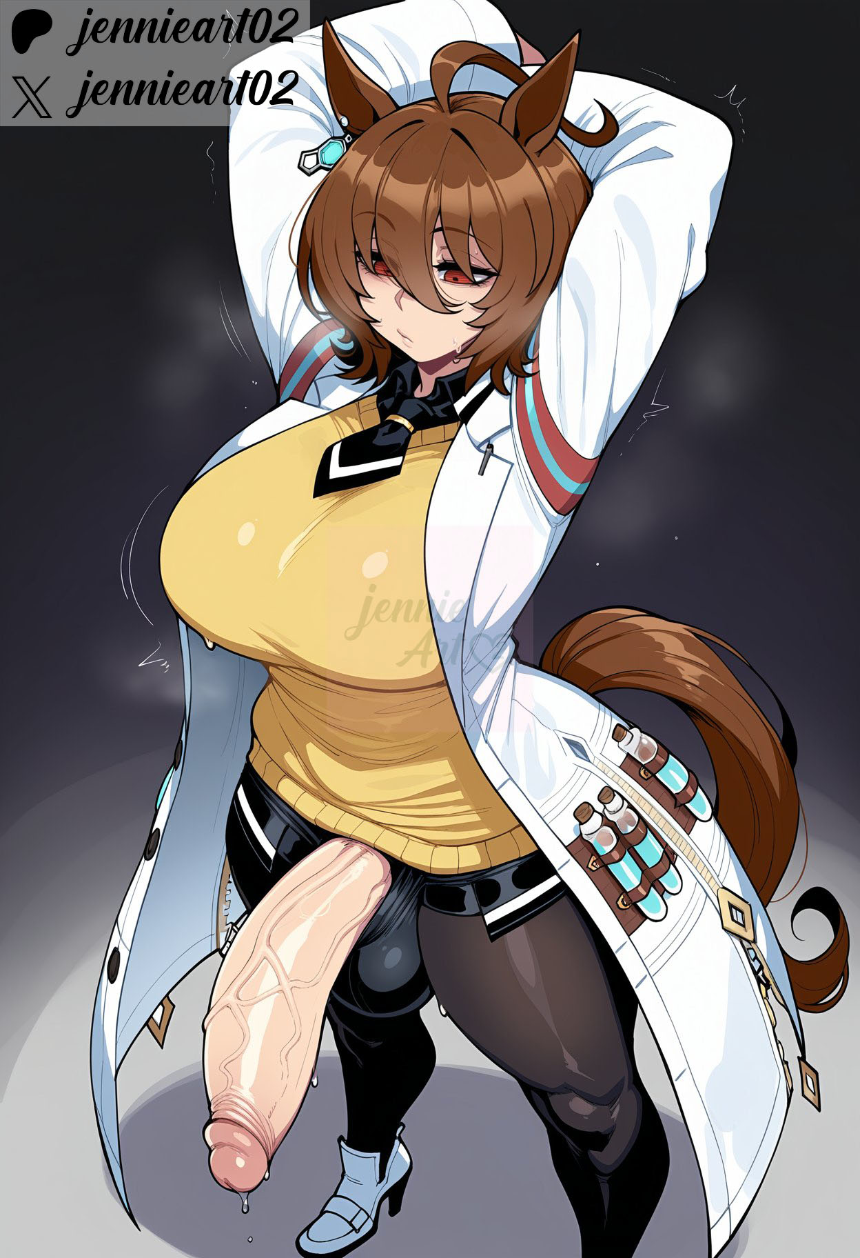 1futa, 1futanari, agnes tachyon (umamusume), ahoge, ai generated, alternate breast size, animal ears, arms behind head, arms up, artist name, black necktie, black pantyhose, black shirt, breasts, brown hair, closed mouth, clothing, coat, cork, earrings, erection, flaccid, futa only, futanari, hair between eyes, half-erect, high heels, horse ears, horse girl, horse tail, huge breasts, huge cock, huge testicles, intersex, jennieart02, jewelry, lab coat, labcoat, large breasts, large penis, light-skinned futa, long sleeves, necktie, open coat, pantyhose, patreon, patreon logo, patreon username, penis, penis size difference, precum, red eyes, shirt, short hair, short necktie, single earring, solo, standing, stretching, sweat, sweater, tail, test tube, testicles, twitter, twitter username, umamusume, umamusume pretty derby, uncensored, veins, veiny penis, watermark, white coat, white footwear, yellow sweater