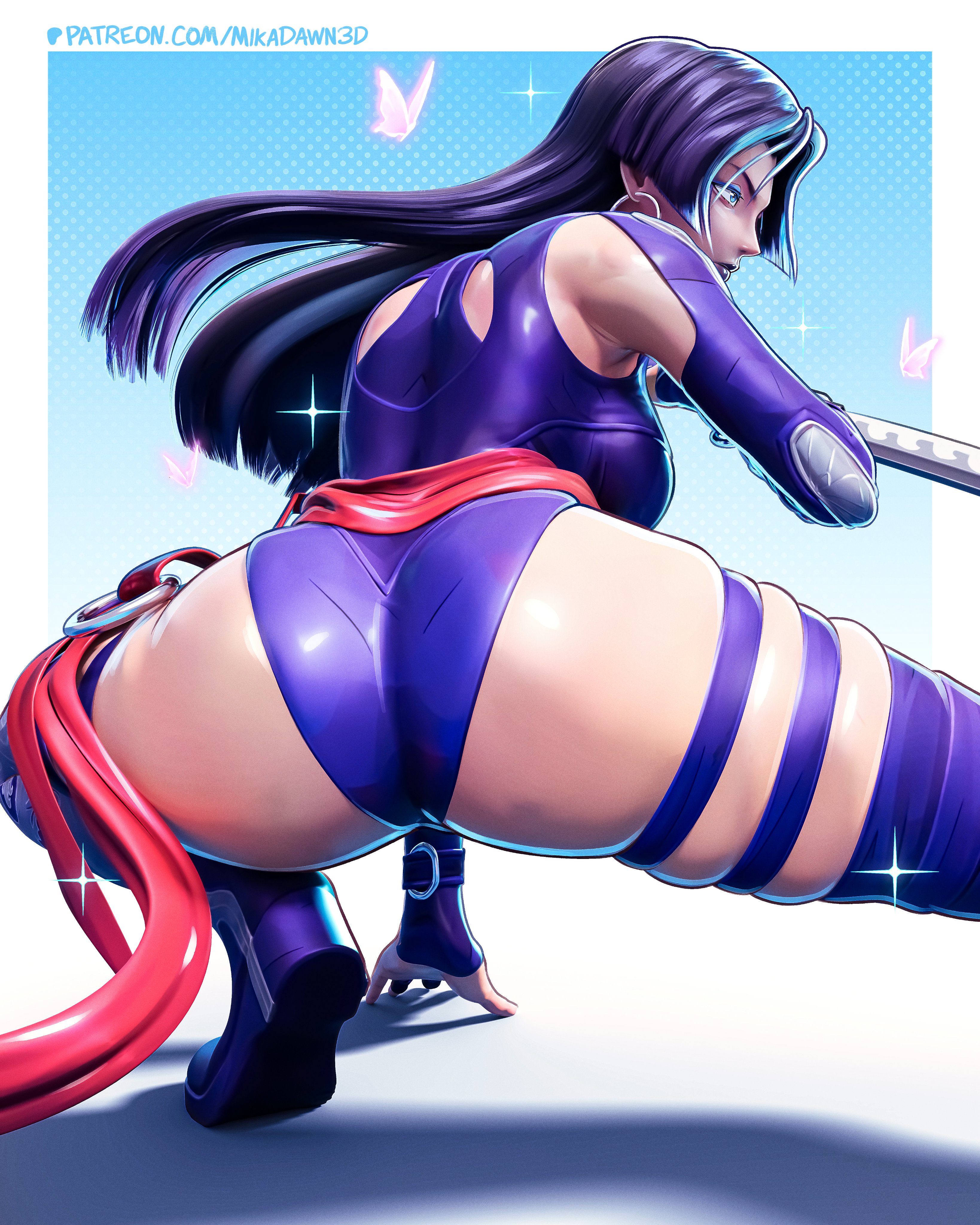 3d, 3d (artwork), 3d model, ass, back view, big ass, big breasts, big butt, big thighs, blade, breasts, female, hair, lips, marvel, marvel rivals, mikadawn, psylocke, psylocke (sai) (vengeance), purple hair, solo, video game character, video games, weapons, x-men