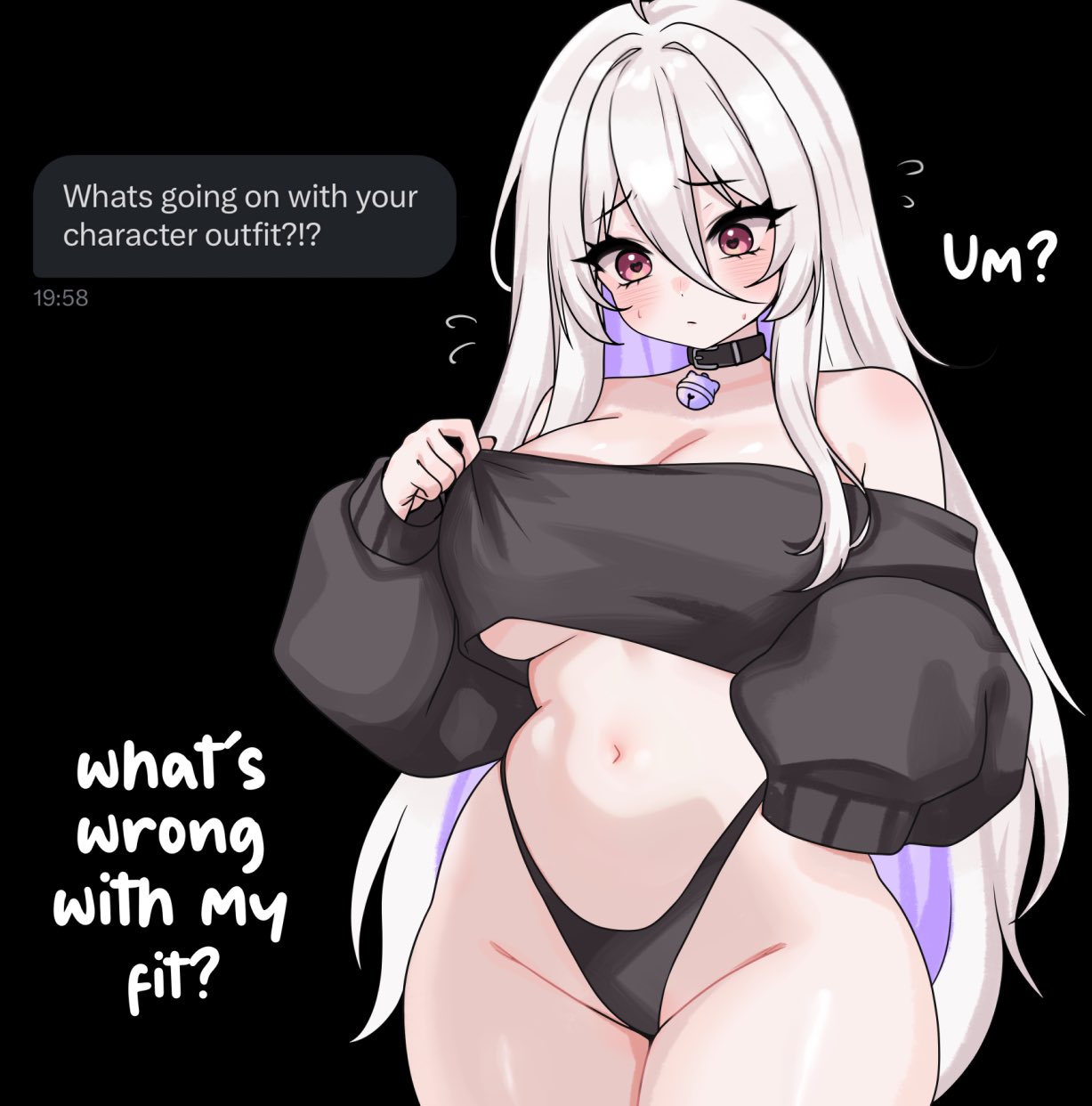 1girls, breasts, english text, female, female focus, female only, large breasts, light skin, light-skinned female, looking at viewer, moshiedraws, original, original characters, solo, text, thick thighs, thighs, wide hips
