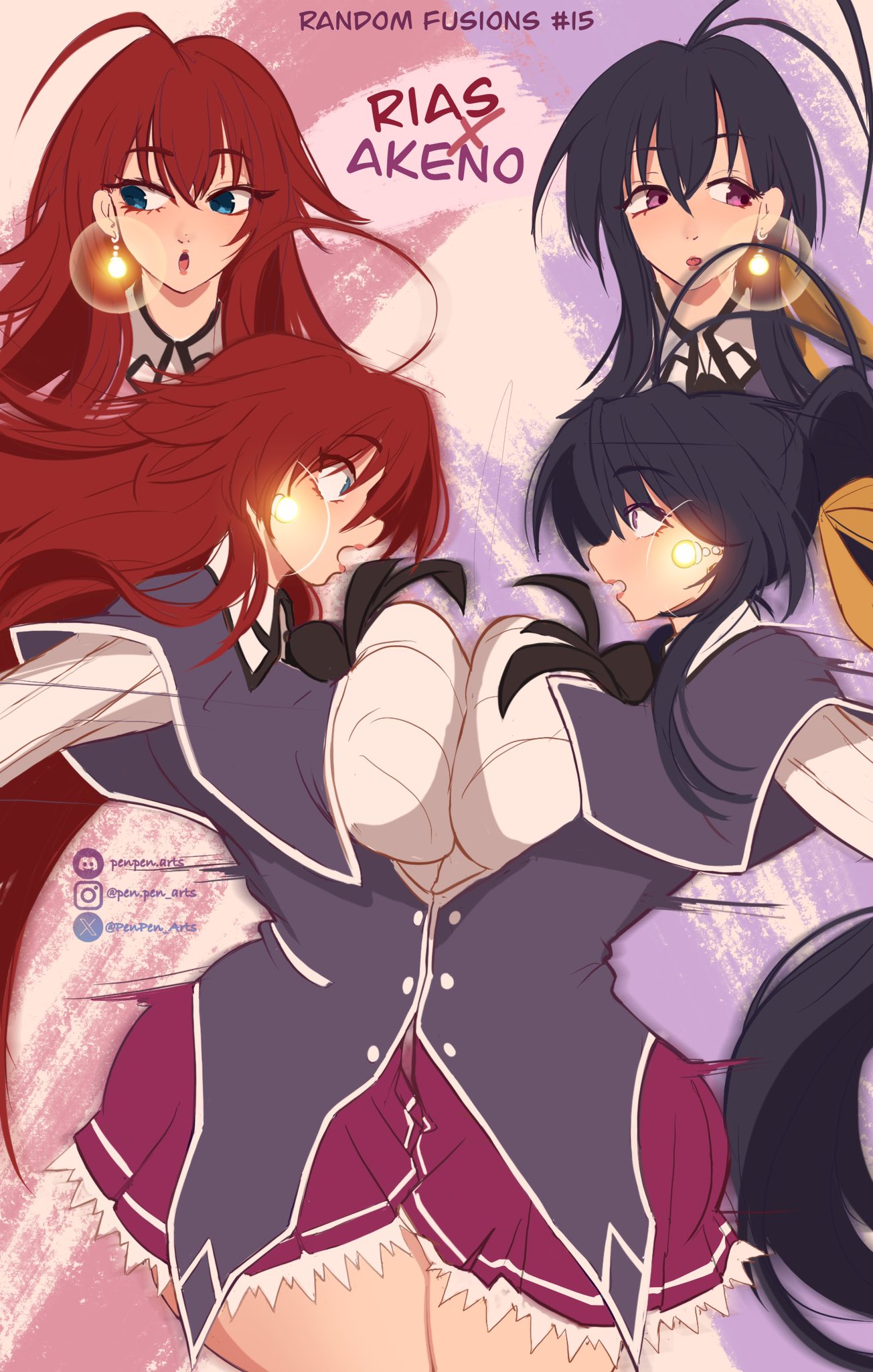 2girls, ahoge, akeno himejima, antenna hair, artist name, big breasts, black hair, blue eyes, breast press, breasts, discord username, dragon ball, dragon ball z, earrings, english text, female, female only, from side, fusion, hair ribbon, hair up, high ponytail, high school dxd, highres, himejima akeno, instagram username, jewelry, large breasts, looking at another, looking to the side, miniskirt, multiple girls, open mouth, pen-pen arts, penpen (artist), ponytail, potara earrings, purple eyes, red hair, rias gremory, ribbon, sidelocks, sideways glance, single earring, skirt, symmetrical docking, twitter username, wide-eyed, wing collar, yellow ribbon