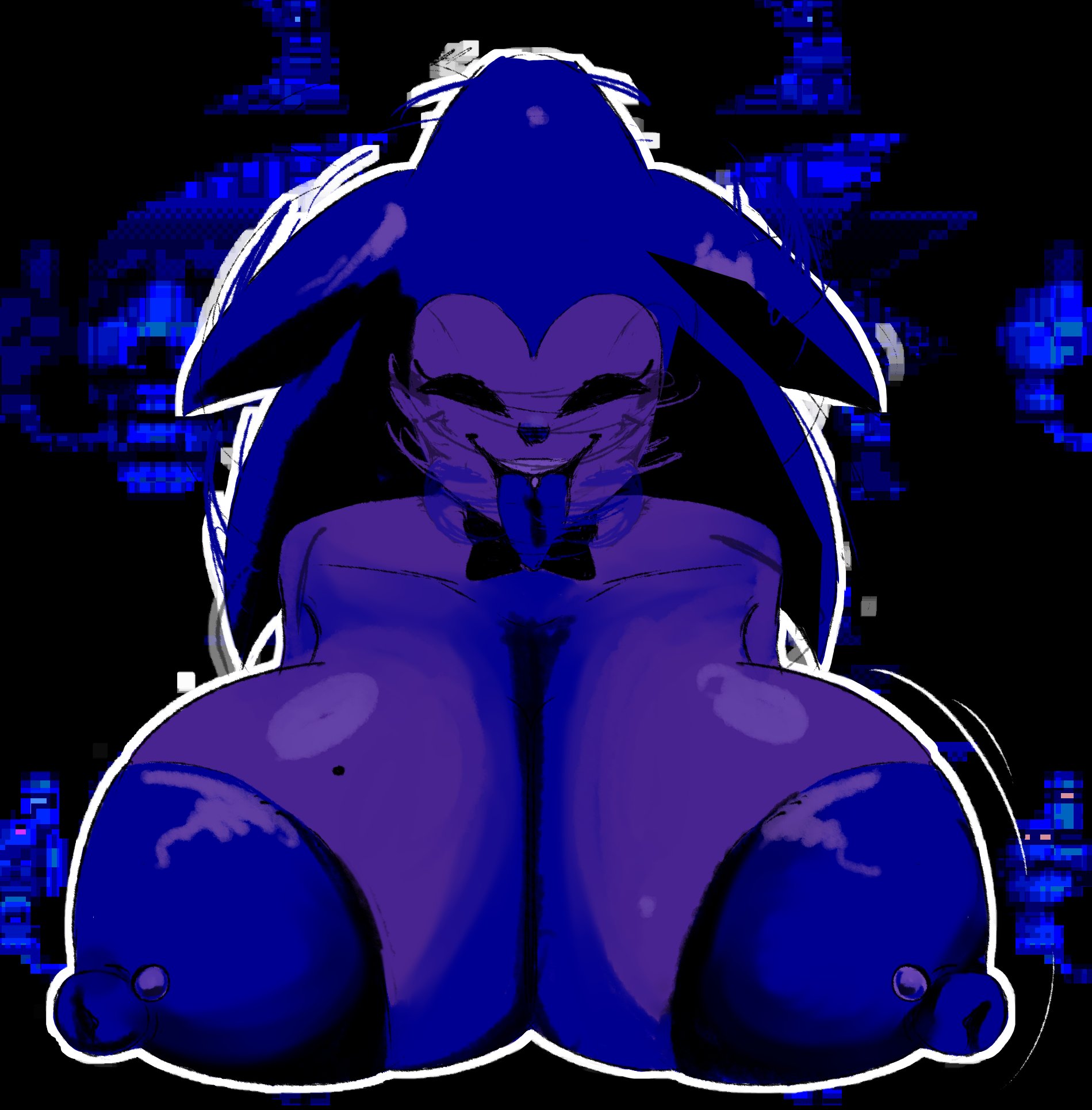 areolae, big breasts, blue body, blue fur, blue skin, bowtie, breasts, breasts bigger than head, breasts out, creepypasta, eerie atmosphere, freaky, looking at viewer, majin sonic, nipples, pierced nipples, piercing, sixycherry, solo, sonic cd, tagme, tongue out, topless