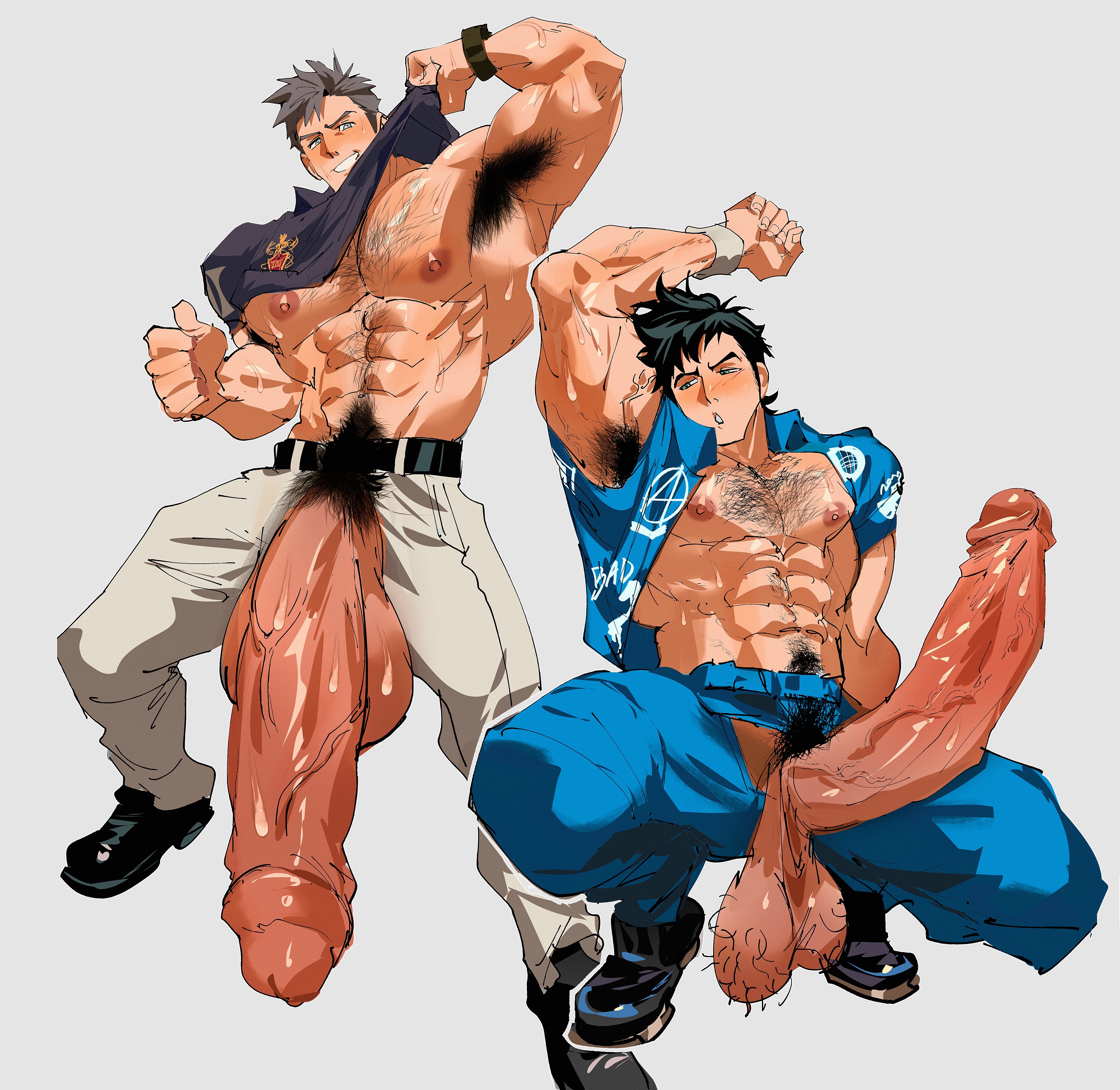 , 1boy, abs, arm up, armpit, armpit hair, armpits, balls, bara, belt, big balls, big cock, big pecs, big penis, black hair, blue hair, blush, blushing, college student, erect penis, erection, gay, green eyes, hairy, hairy armpits, hairy balls, hairy body, hairy chest, hairy male, hard cock, huge cock, huge penis, human, human only, hyper penis, looking at viewer, looking away, male, male only, manly, multiple poses, muscles, muscular, muscular arms, muscular male, nioseptem, nipples, pants, pants open, penis, poses, pubes, pubic hair, shirt lift, shirt pull, shirt up, shoes, short hair, sigma klim, smile, solo, solo male, sweat, sweatdrop, sweating, sweaty, sweaty body, teeth clenched, virtue's last reward, watch, zero escape, zero time dilemma