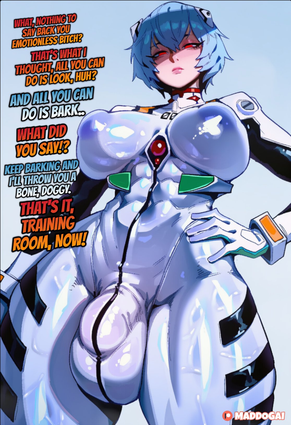 1girls, ai generated, angry, blue eyes, bodysuit, breasts, bulge, bulge under clothes, dialogue, english, english text, futa only, futanari, ginger hair, hair, latex, maddogai, neon genesis evangelion, plugsuit, pussy juice, red eyes, rei ayanami, shiny skin, tagme, text, twintails, watermark, white bodysuit