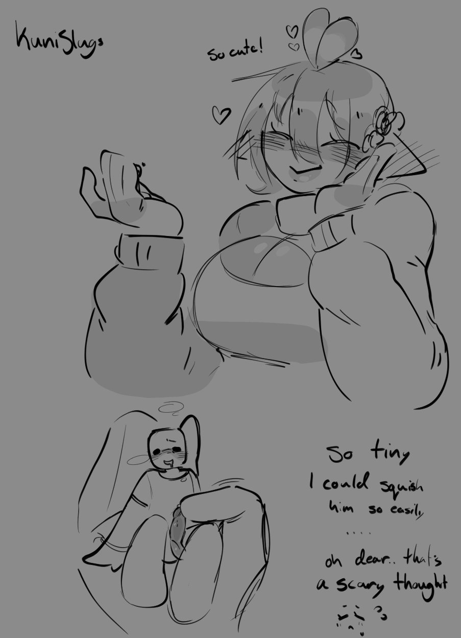 1boy, 1girls, balls, big breasts, blush, breasts, cleavage, cleavage cutout, english text, giantess, kunislugs, loving couple, loving sex, male/female, micro male, noob, noob (roblox), oc, original character, original characters, penis, penis out, roblox, robloxian, self upload, size difference, sketch, text, touching penis
