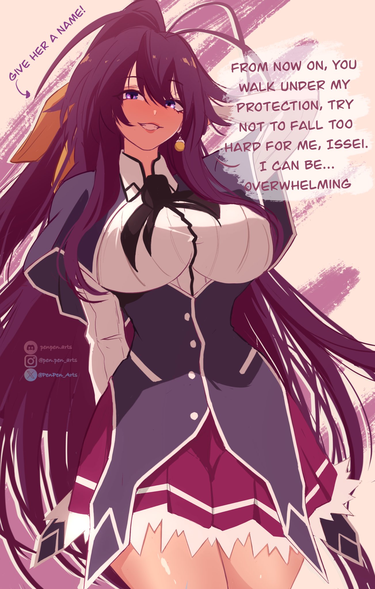 ahoge, akeno himejima, antenna hair, arms behind back, artist name, big breasts, capelet, cowboy shot, discord username, earrings, english text, female, female only, fusion, grin, hair up, high ponytail, high school dxd, highres, himejima akeno, instagram username, jewelry, lipstick, long hair, long sleeves, looking at viewer, makeup, miniskirt, pen-pen arts, penpen (artist), ponytail, potara earrings, purple eyes, purple hair, rias gremory, skirt, smile, solo, twitter username, very long hair