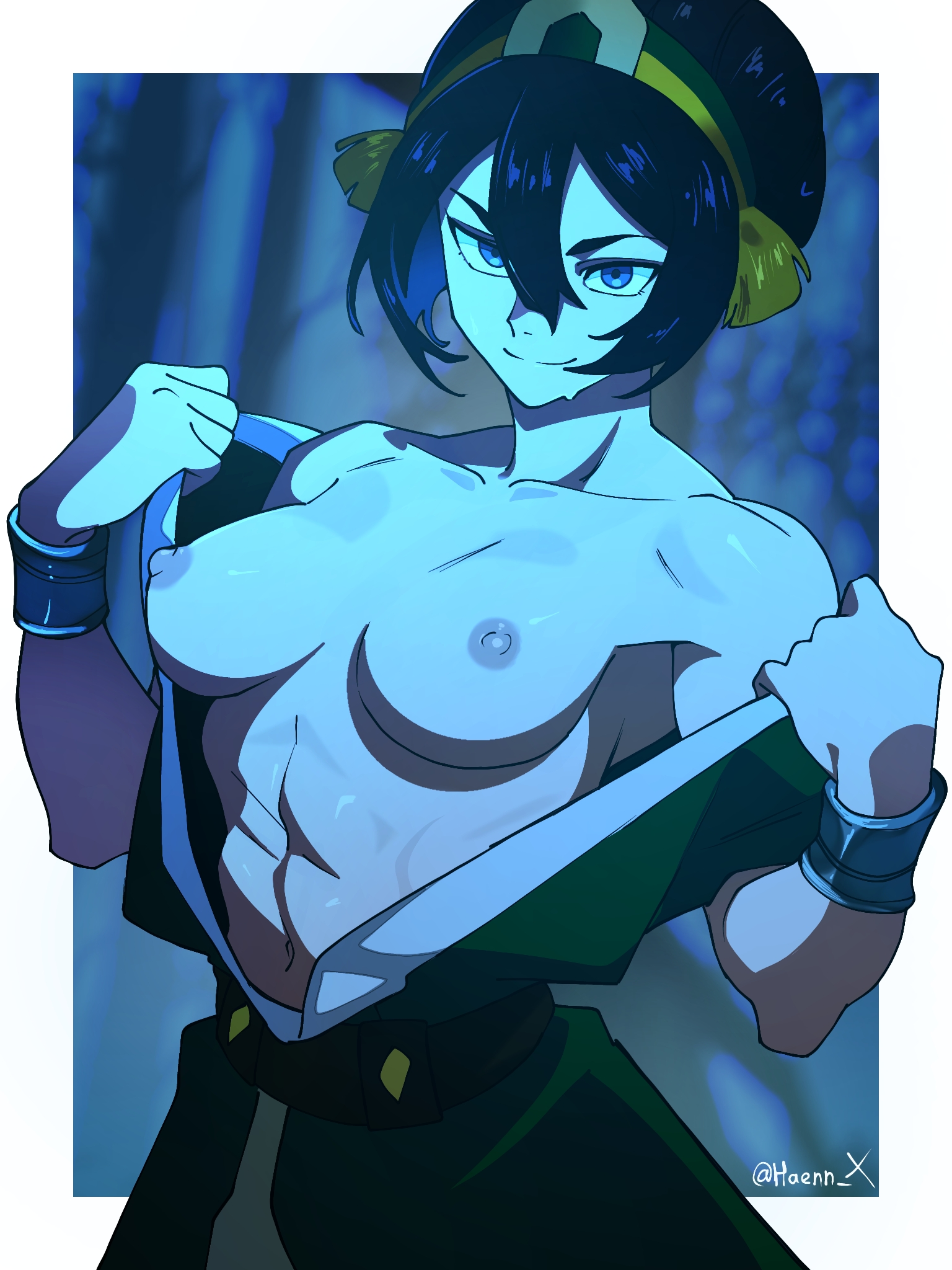 1girls, abs, avatar the last airbender, black hair, black hair female, breasts, haennx, hair bun, hair tie, hair tied up, half naked female, half-dressed, removing clothing, revealing breasts, solo female, the legend of aang, toph bei fong