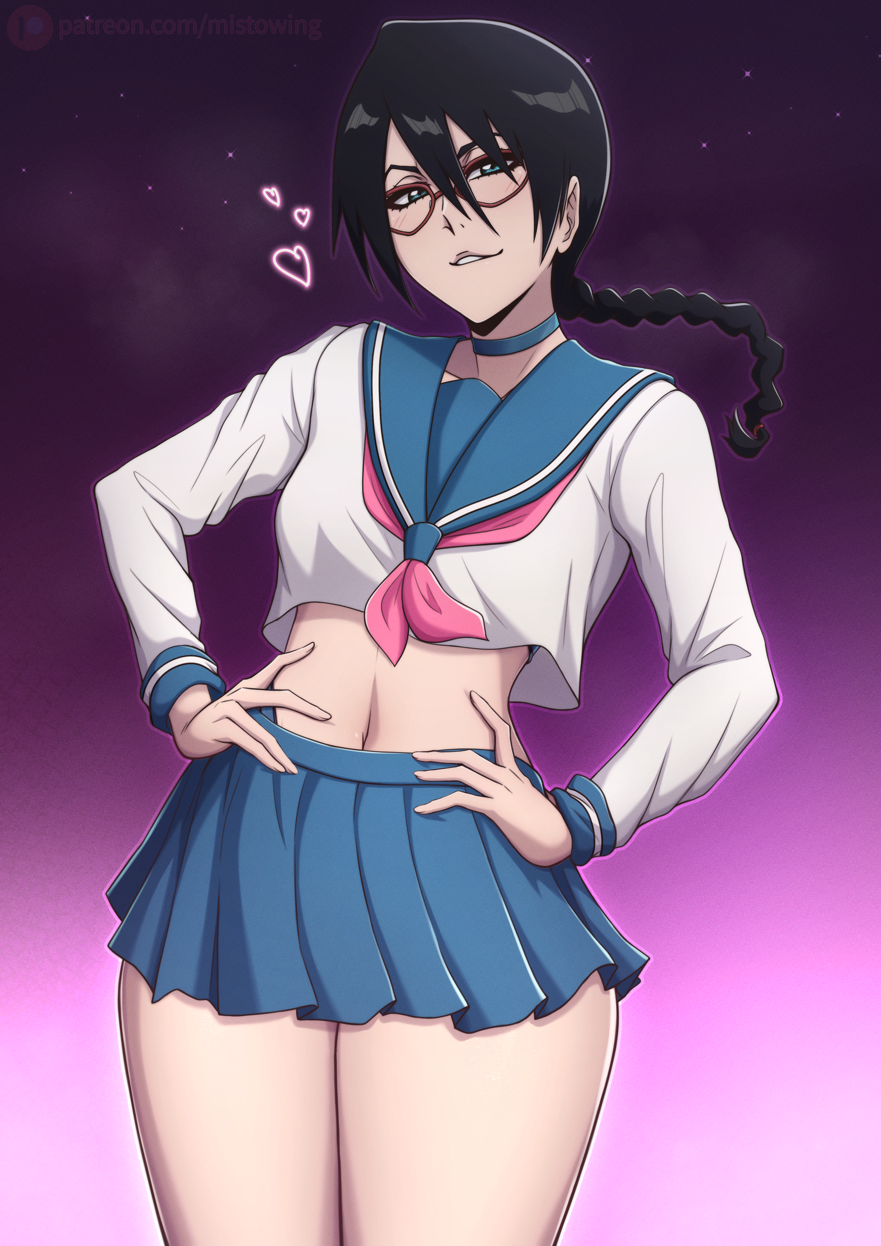 1girls, alternate version available, black hair, bleach, female, female only, glasses, lisa yadomaru, long hair, mistowing, school uniform, smile, yadoumaru lisa
