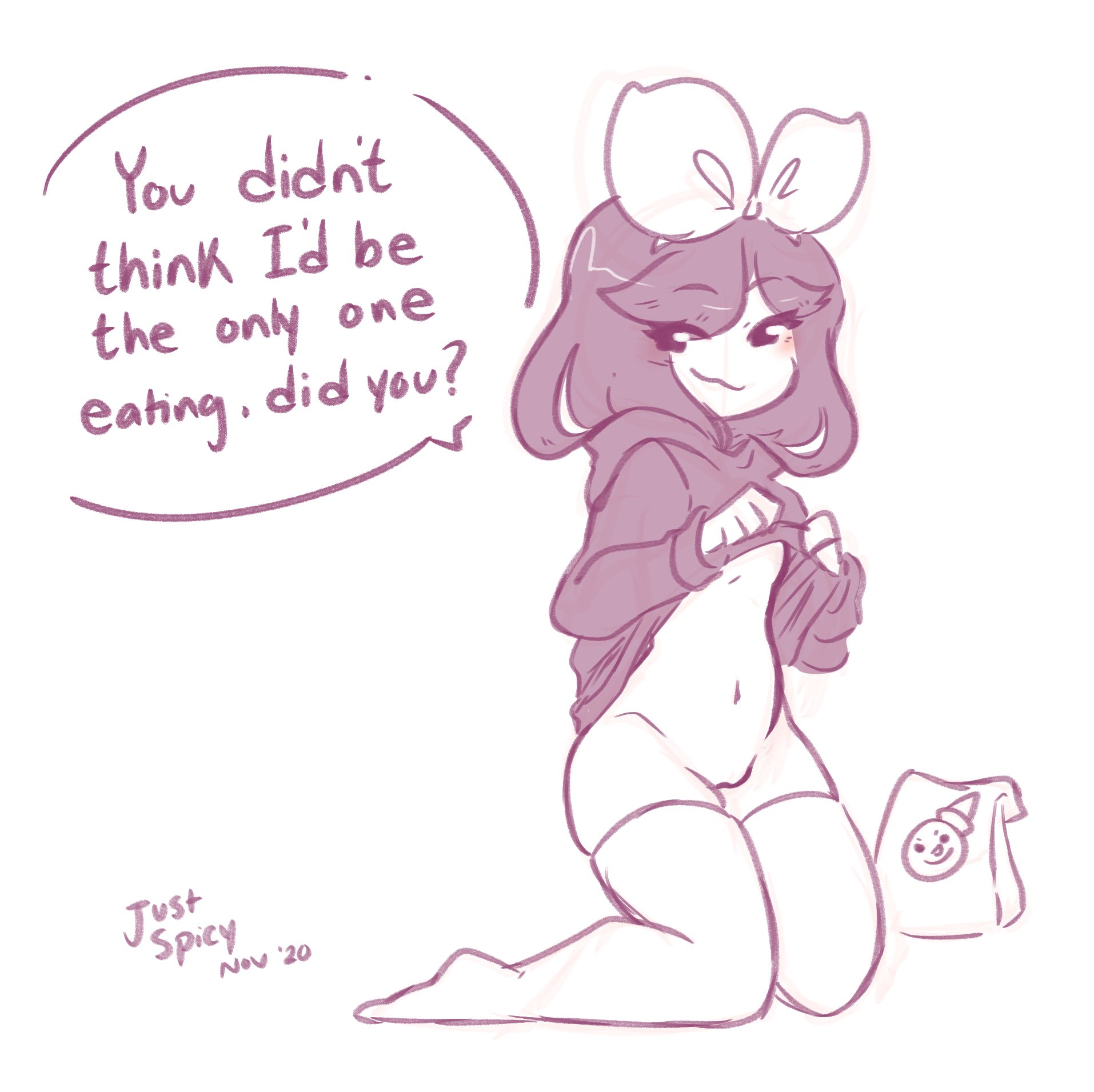 1girls, 2d, bottomless, bow, english text, female, female only, food, hoodie, human, human female, human only, justspicy, mishy (justspicy), monochrome, no panties, pussy, simple background, smile, smug, solo, talking, text, text bubble