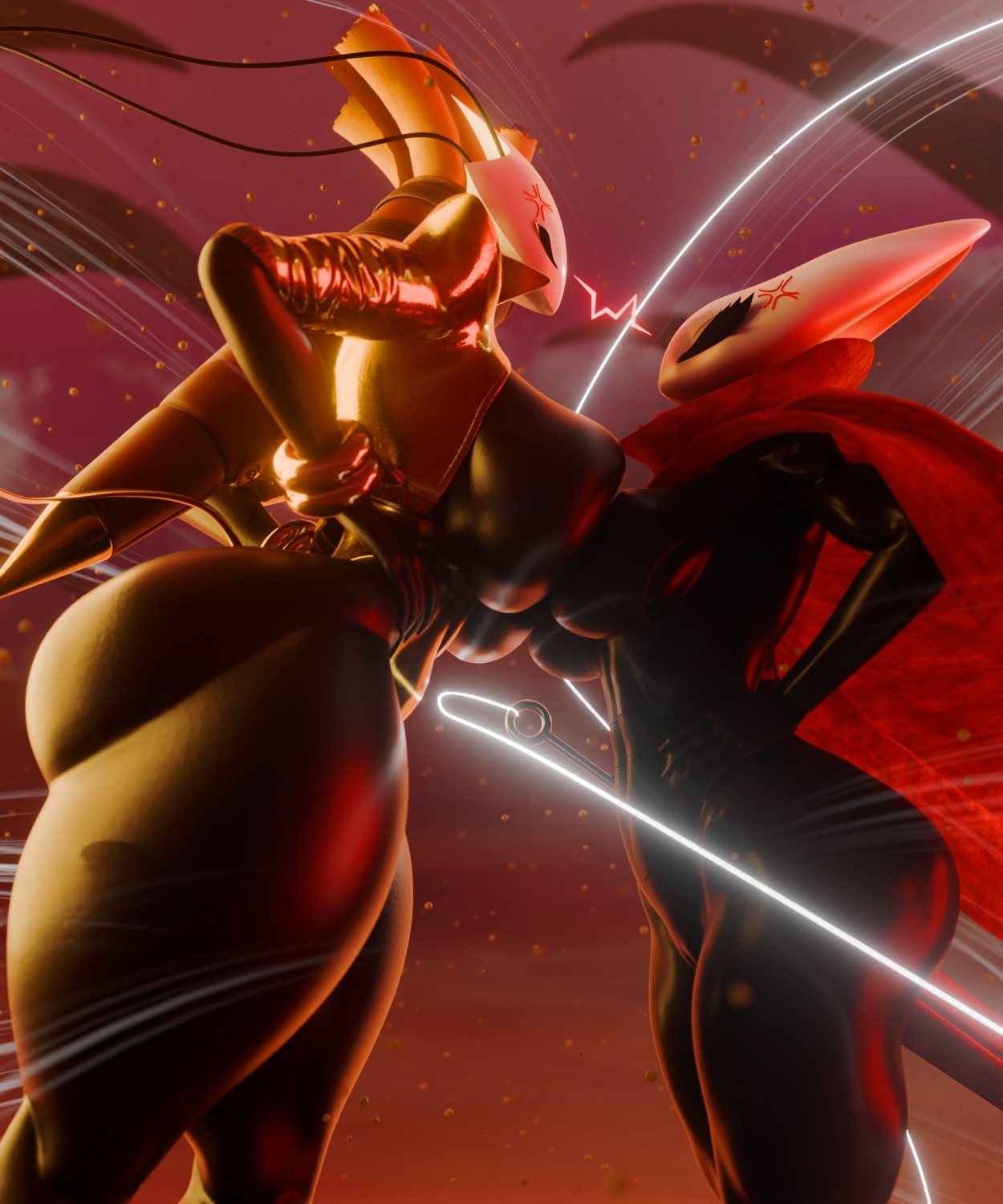 2girls, 3d, 3d (artwork), anthro, areola peek, big ass, big breasts, big butt, breast to breast, chest to chest, cloak, clothing, curvy, curvy figure, female only, fit female, hollow knight, hollow knight: silksong, hornet (hollow knight), huge breasts, insect girl, magispheres, muscular female, samzan (modeler), shakra (hollow knight), standing, sword, thick thighs, weapon