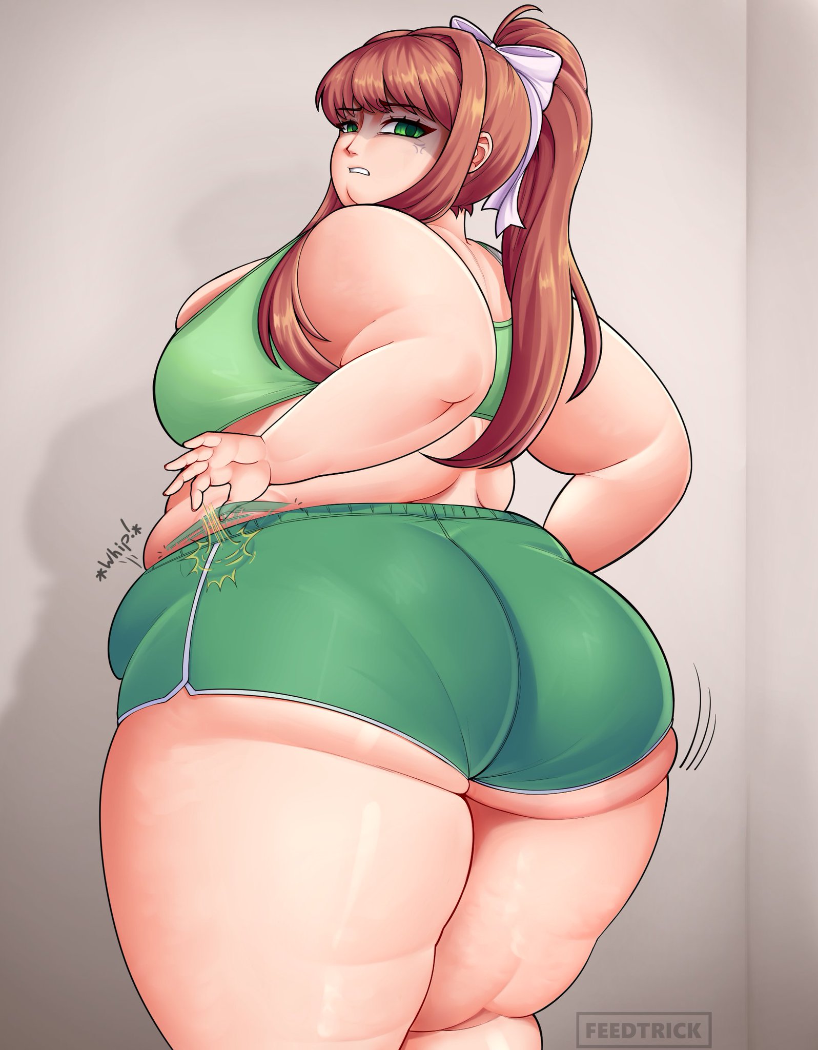 alternate body type, alternate breast size, ass, ass focus, bbw, doki doki literature club, fat, fat ass, fat butt, fat female, fat fetish, feedtrick, monika (doki doki literature club), shorts, slapping ass, slapping butt, slapping own ass
