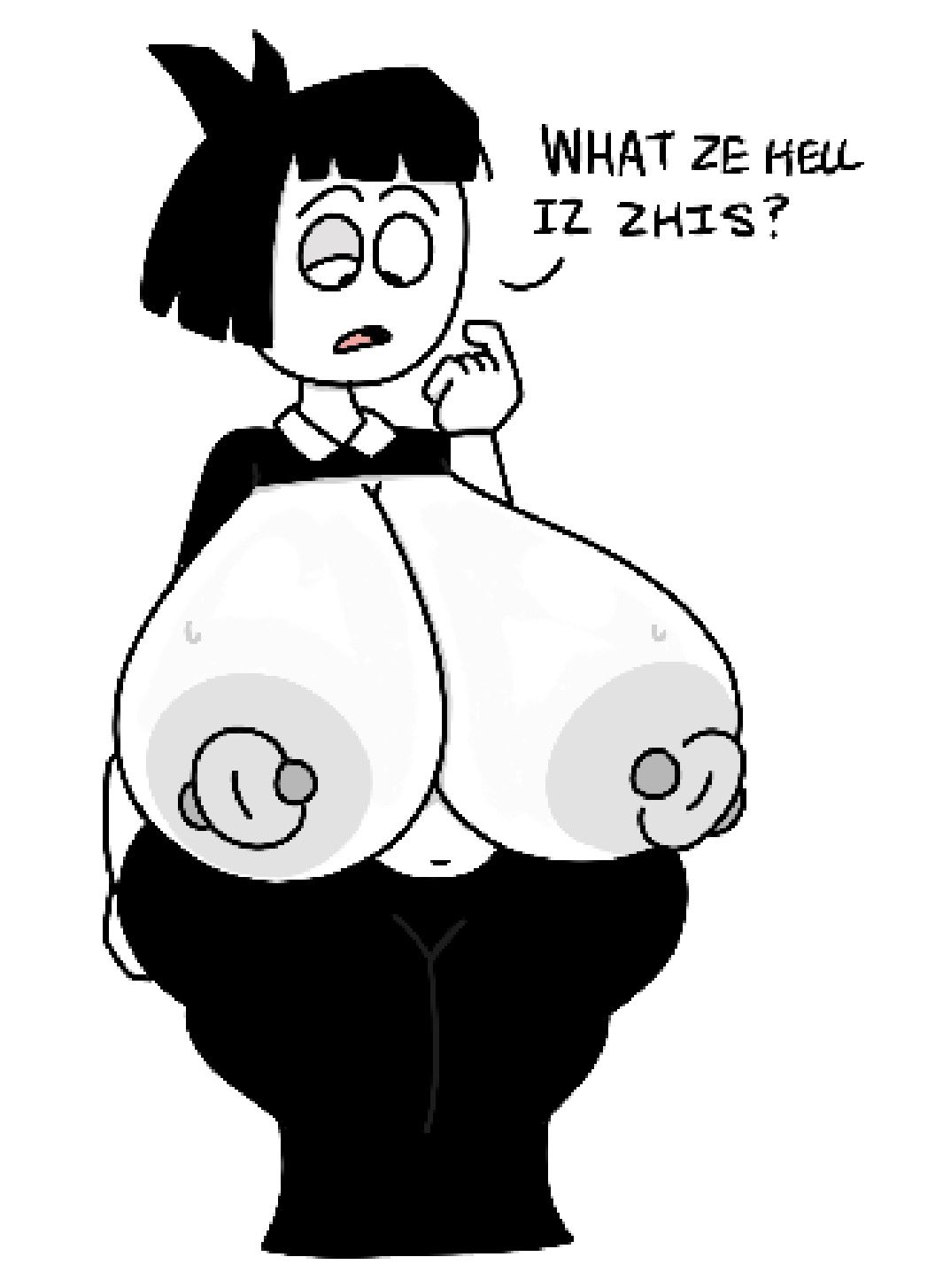 1girls, black dress, black hair, breasts bigger than head, breasts out, creepy susie, female, female only, gray nipples, pierced nipples, solo female, text, the oblongs, theslashfive, white background, white skin