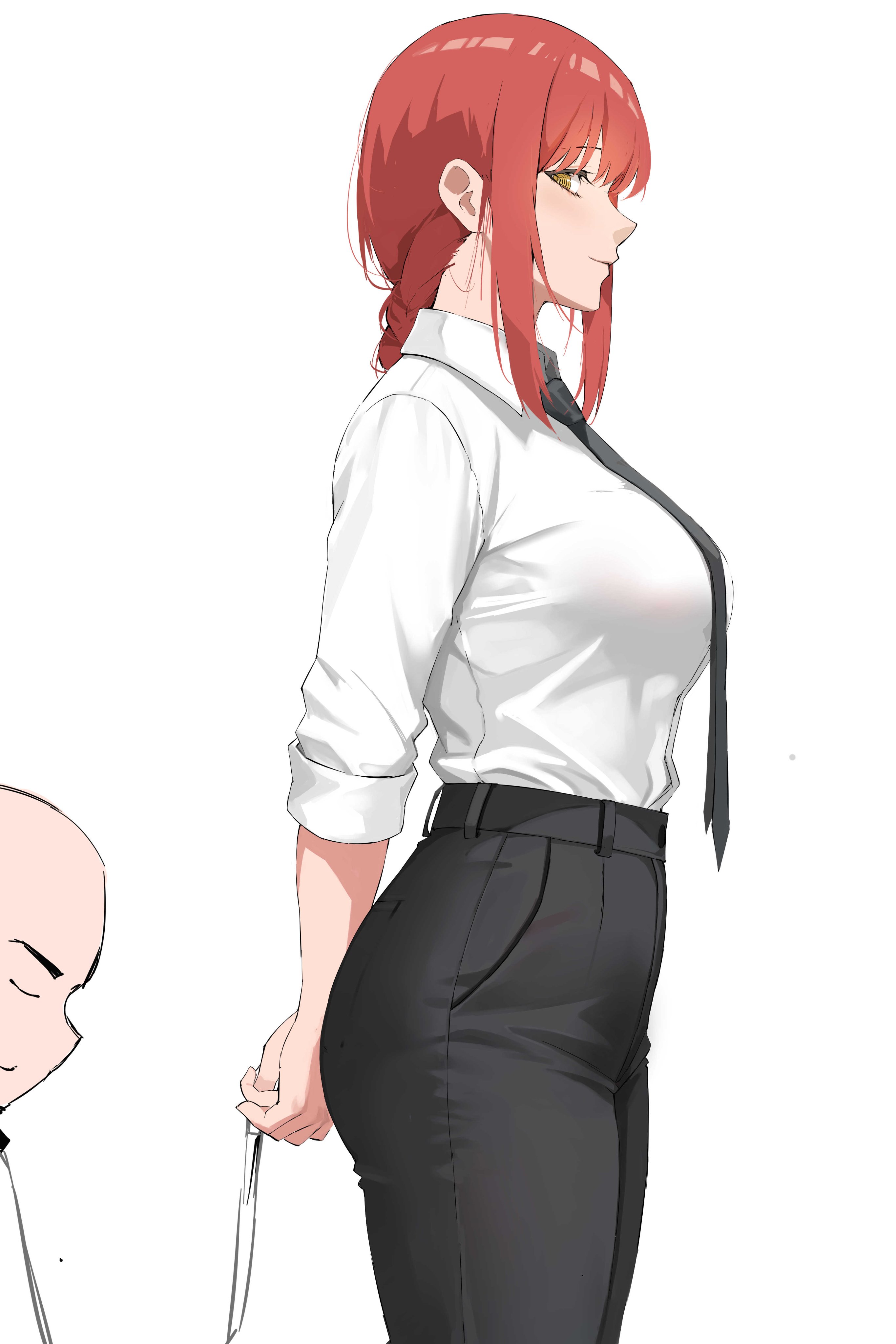 1boy, 1boy1girl, big ass, big breasts, black pants, chainsaw man, dog collar, female, looking back, makima (chainsaw man), red hair, smurtz, yellow eyes