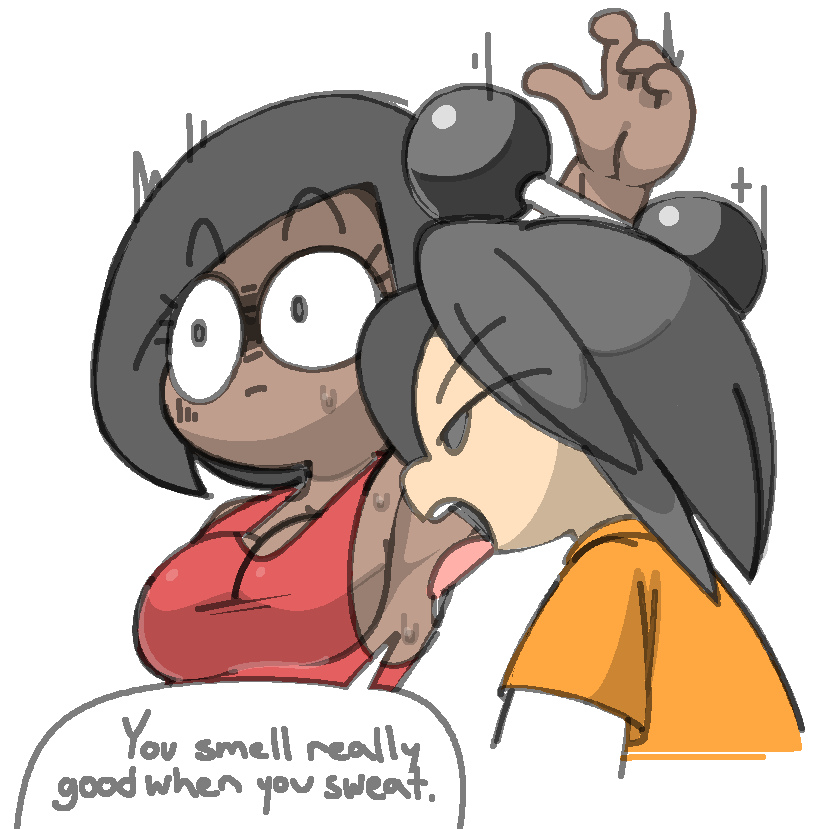 2girls, armpit fetish, armpits, arms up, big breasts, black hair, clean shaven armpit, dark skin, dark-skinned dom, dark-skinned female, dumbbell, hihi (vilepluff), licking armpit, light skin, light-skinned female, mortified, red tanktop, rob (vilepluff), short hair, sniffing armpit, sweatdrop, tongue, tongue out, vilepluff