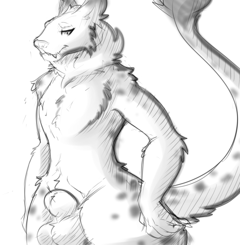 animal_genitalia anthro balls big_balls feline fully_sheathed fur greyscale looking_at_viewer male male_only mammal monochrome sheath simple_background sketch solo tetton thin_tail white_background wide_hips xilrayne