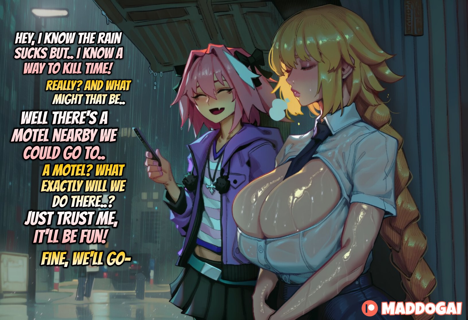 ai generated, astolfo (fate), astolfo (fate/apocrypha), big breasts, blonde female, blonde hair, closed eyes, clothed, clothing, dialogue, english, english text, fate (series), fate/apocrypha, fate/grand order, female, femboy, jeanne d'arc (fate), long hair, maddogai, pink hair, ponytail, shiny skin, sweat, sweatdrop, sweating, sweaty, sweaty body, tagme, text, watermark, wet, wet body