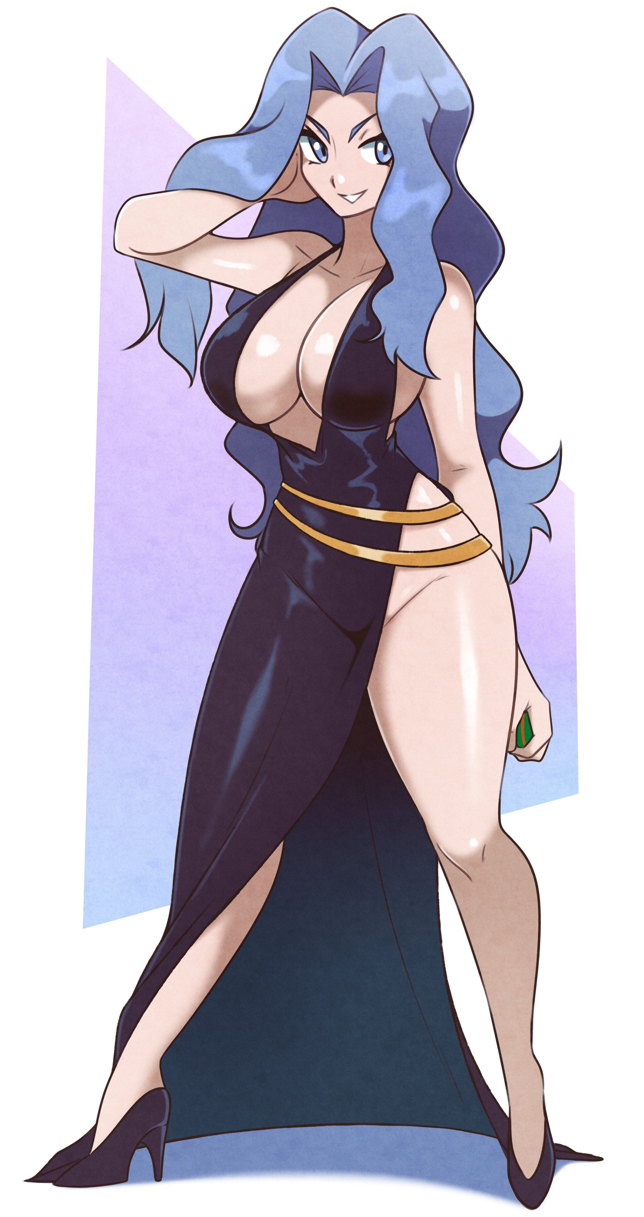 absurdres, bare shoulders, big cleavage, black dress, blue eyes, blue hair, bottomless, bottomless dress, bottomless heels, breasts, center opening, cleavage, commentary, dress, dress slit, erect nipples, female, full body, grin, hanging breasts, high heels, highres, huge breasts, jeff miga, jeffmiga, karen (pokemon), large breasts, long hair, massive breasts, nintendo, nipple bulge, no bra, no panties, pokemon, pokemon gsc, sideslit dress, smile, solo