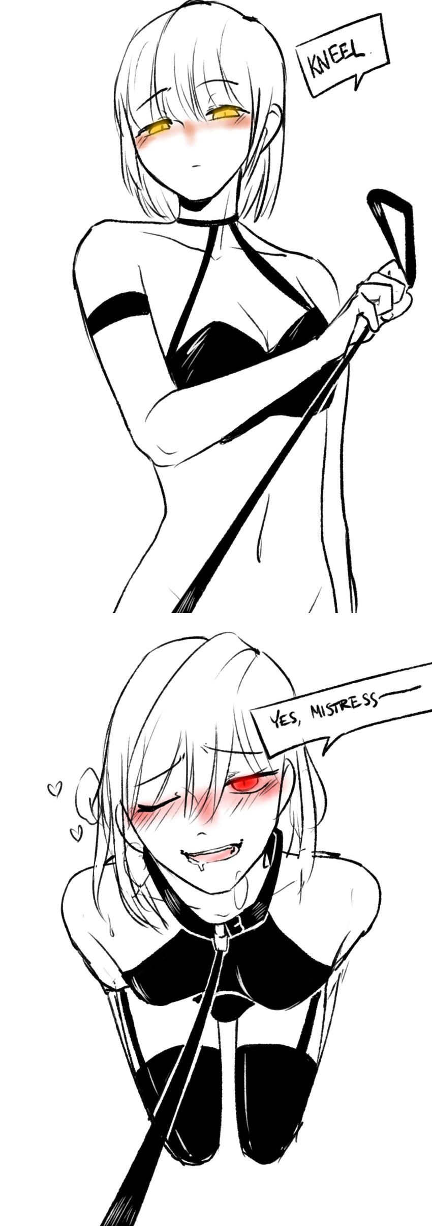bdsm outfit, chara, charisk, collar, dominant female, dominatrix, female chara, female frisk, femdom, frisk, futasub, kneeling, leash, leash and collar, male chara, nikomochi, red eyes, text, undertale, undertale (series), yellow eyes, yuri