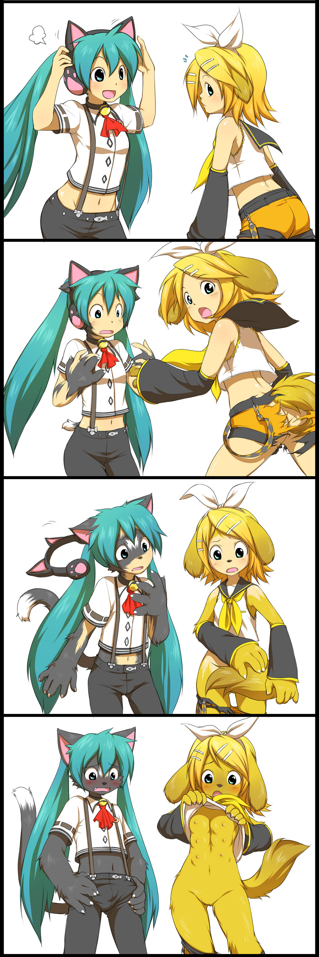 anthro armwear ass bell black_fur black_nose blonde_hair blue_eyes blush breasts bulge canine claws clothed clothing clothing_lift detached_sleeves earmuffs embarrassed fake_ears feline female fur gender_transformation hair hairclip half-shirt happy hatsune_miku human kagamine_rin long_hair male mammal markings multi_breast multi_nipple navel necktie nipples open_mouth overalls paws pussy ribbons sailor_uniform sequence shocked short_hair shorts small_breasts tail transformation turquoise_hair vocaloid white_fur