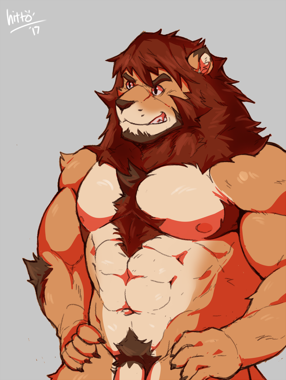 2017 abs anthro biceps chest_tuft crotch_tuft feline hittoga kemo_coliseum lion male male_only mammal maximus_(kemo_coliseum) muscular muscular_male nipples nude pecs penis simple_background solo teeth tuft