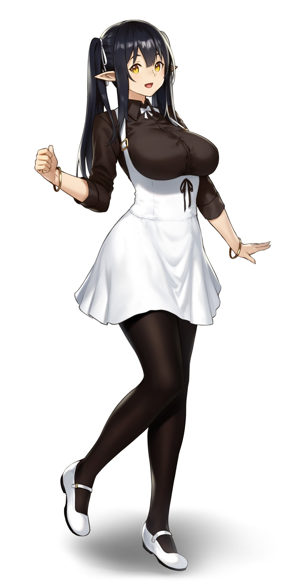 1girls, bangs, black hair, black shirt, bow, bowtie, bracelet, breasts, dress, elf, elf (houtengeki), female, female only, framed breasts, full body, hair ribbon, houtengeki, huge breasts, jewelry, large breasts, long hair, looking at viewer, mary janes, original, pantyhose, pointy ears, shirt, shoes, short dress, simple background, smile, solo, standing, twintails, white background, white dress, yellow eyes