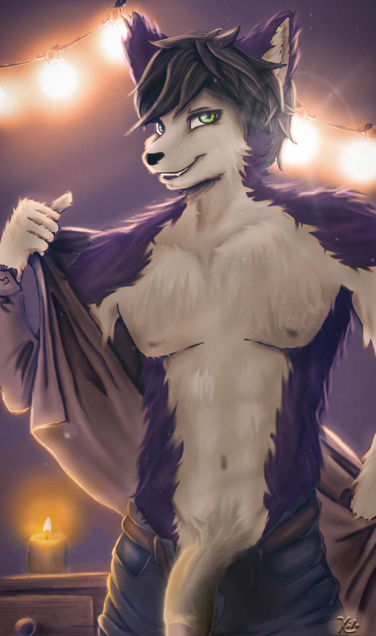 2018 anthro bedroom_eyes big_penis black_hair body_hair canine clothed clothing digital_media_(artwork) flaccid fur hair half-closed_eyes happy_trail heterochromia humanoid_penis husky jingles kiloart looking_at_viewer male male_only mammal multicolored_fur nipples pants partially_clothed penis pubes purple_fur seductive smile solo standing teeth thick_penis uncut white_fur