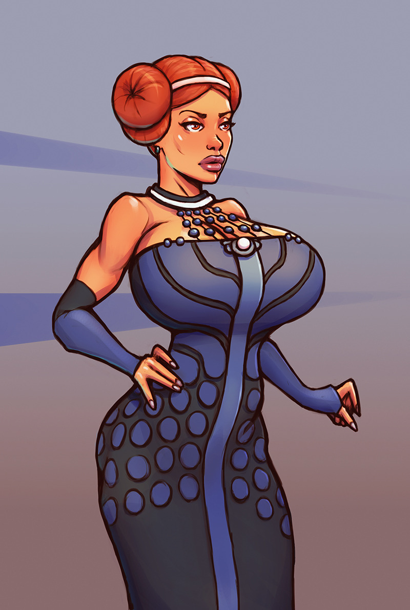 1girls, bare shoulders, big breasts, blue clothing, blue dress, boobsgames, breasts, brown eyes, brown hair, busty, choker, cleavage, curvy, detached sleeves, double bun, dress, ear piercing, earrings, eyelashes, female, female only, front view, ginger hair, hair bun, hair ornament, hand on hip, hands on hip, hands on hips, hourglass figure, human, lips, padme amidala, piercing, pose, posing, red hair, redhead, simple background, solo, standing, star wars, tied hair, voluptuous, wide hips
