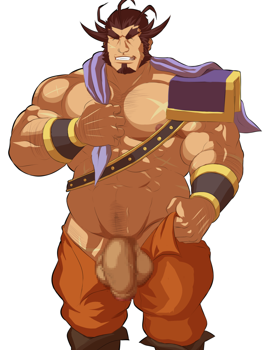 abs bara brown_hair censored flaccid male_focus male_only muscle penis reclamon sangokushi_puzzle_taisen smile solo teeth testicles wen_chao_(sangokushi_taisen)