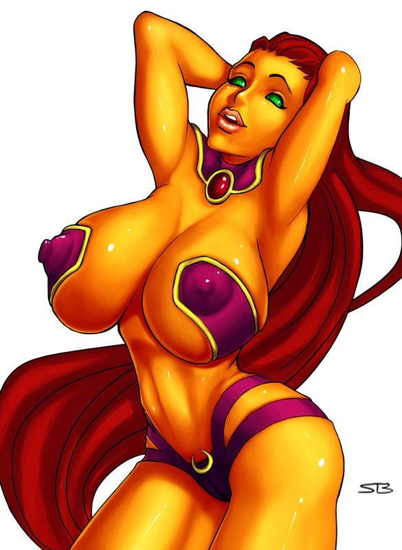 1girls breasts cleavage dc dc_comics erect_nipples_under_clothes female female_only green_eyes koriand'r large_breasts new_52 posing red_hair shiny_skin sketchybehaviour skimpy solo starfire tamaranean teen_titans very_long_hair voluptuous